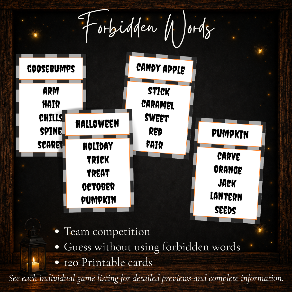 Halloween Forbidden Words team guessing game with 120 printable cards included in the Ultimate Game Collection