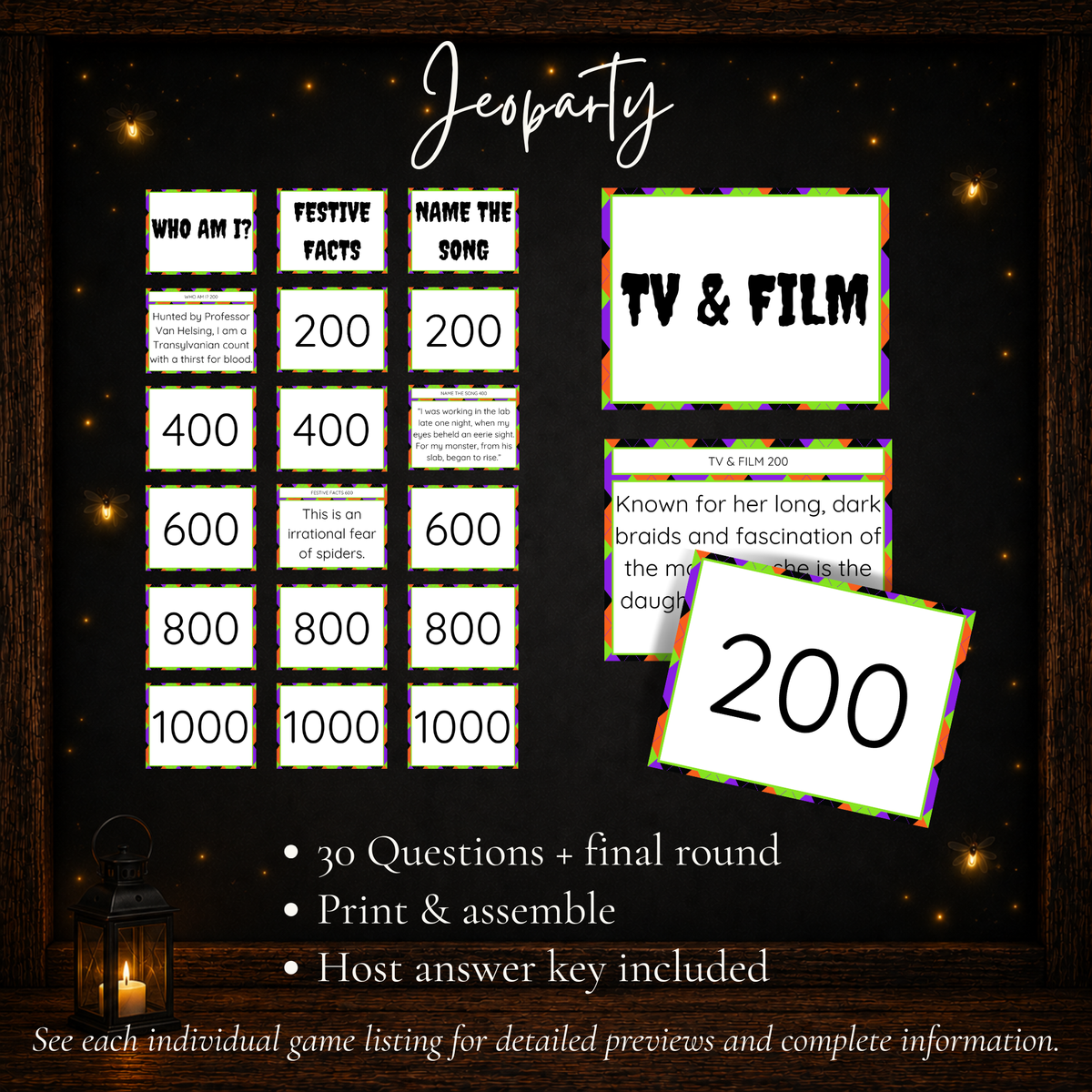 Halloween Jeoparty printable trivia game with 30 questions, final round and host answer key
