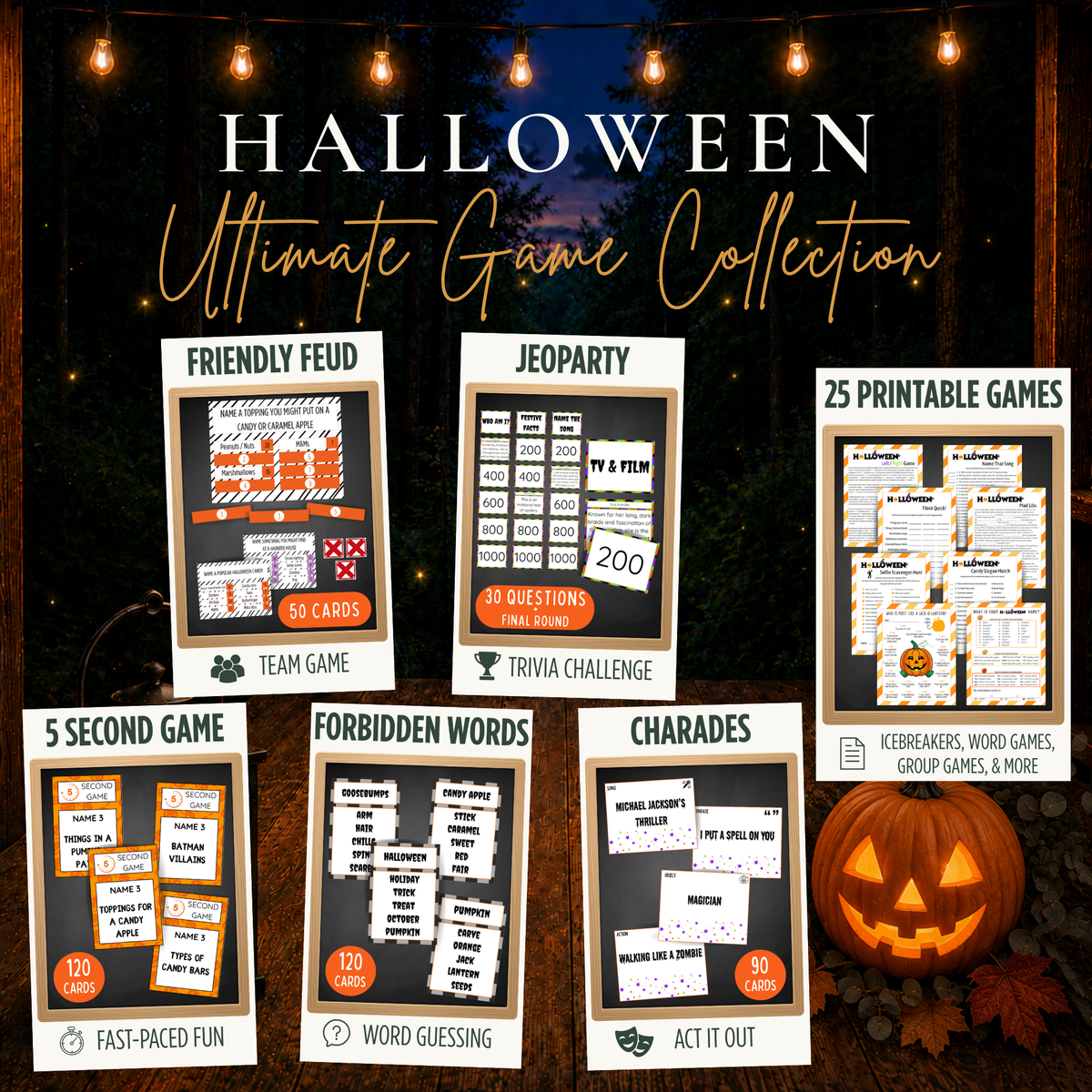 Halloween Ultimate Game Collection printable party games bundle with Friendly Feud, Jeoparty, 5 Second Game, Forbidden Words, Charades and 25 printable games