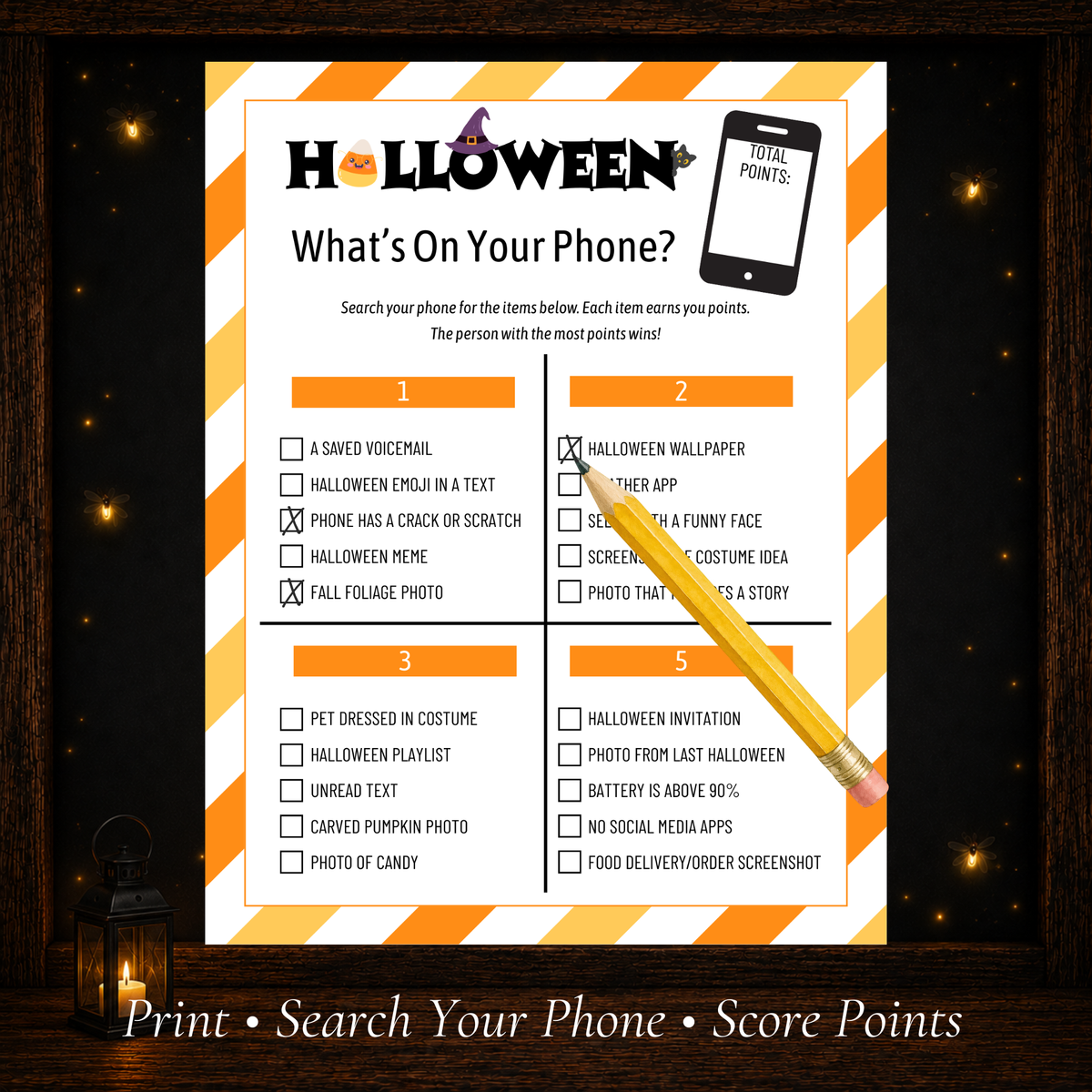 Halloween What’s On Your Phone game printable showing phone search prompts and point scoring