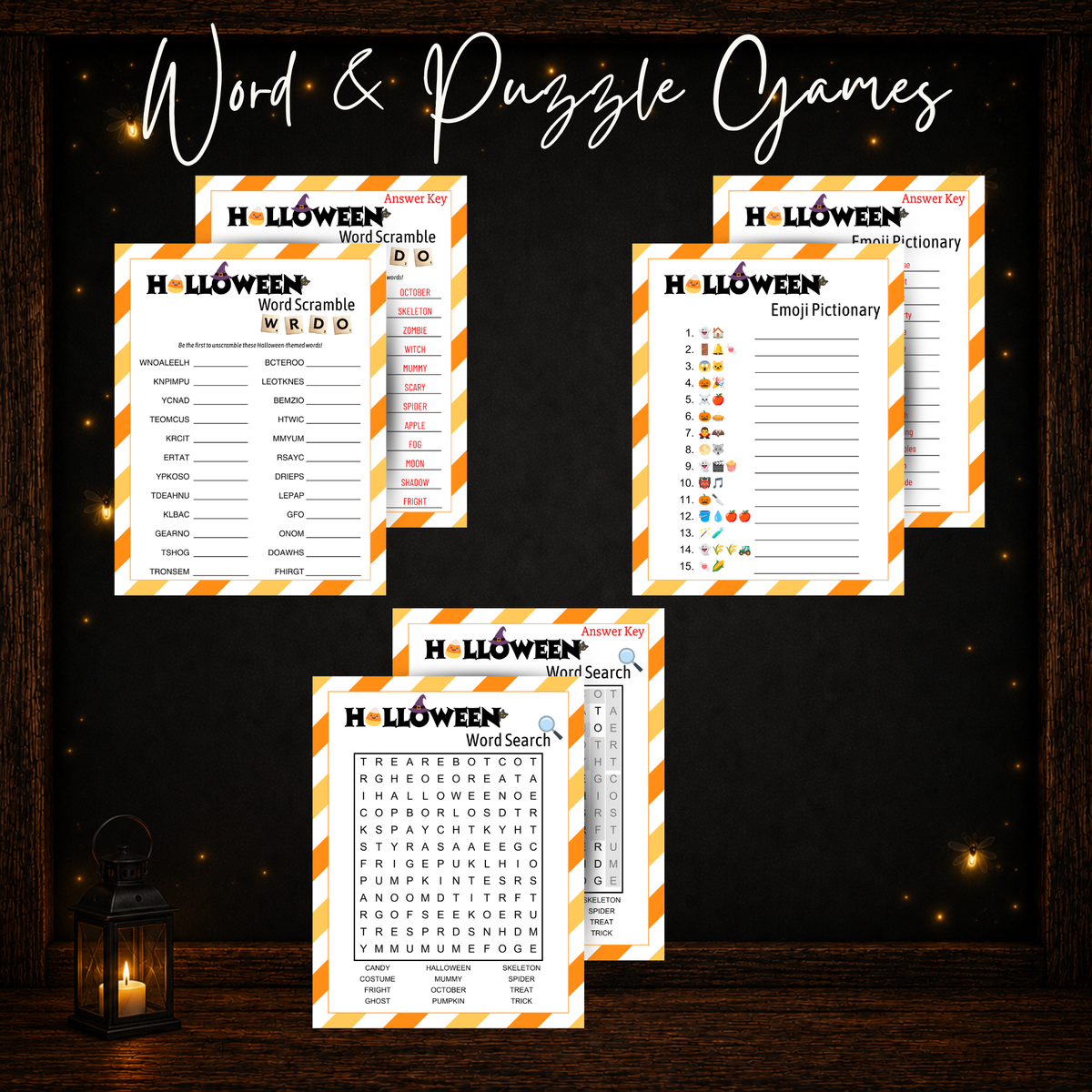 Halloween Word Scramble Word Search and Emoji Pictionary printable games with answer keys