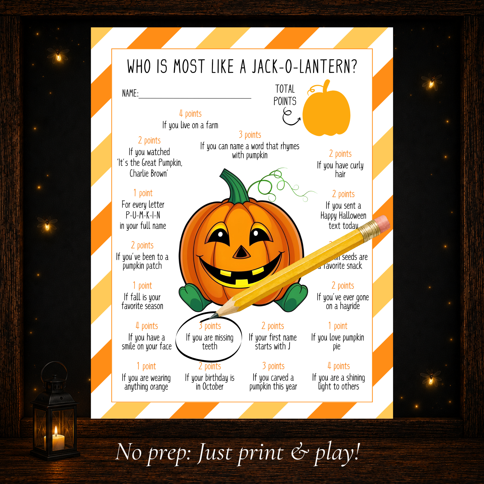 Printable Who Is Most Like a Jack-O-Lantern Halloween game with point-based personality and fall prompts