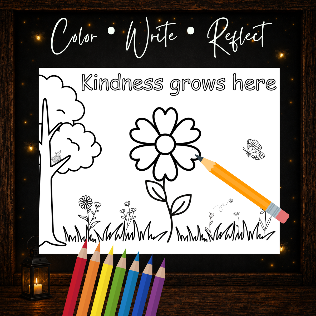 Kindness color write and reflect activity for children with flower garden coloring page