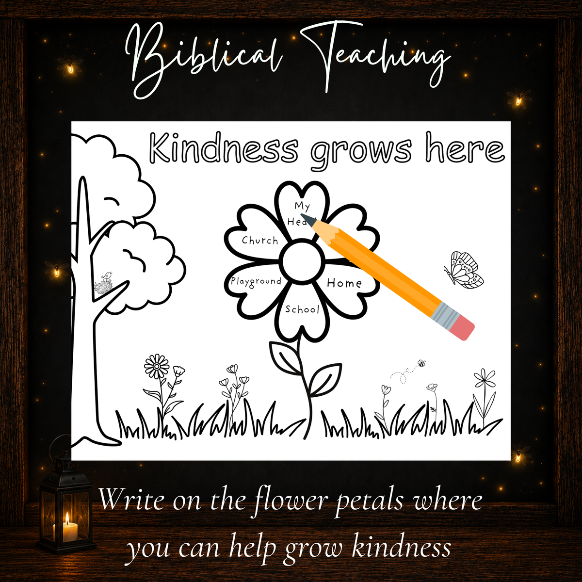Kindness Grows Here Christian activity where kids write places they can help grow kindness on flower petals