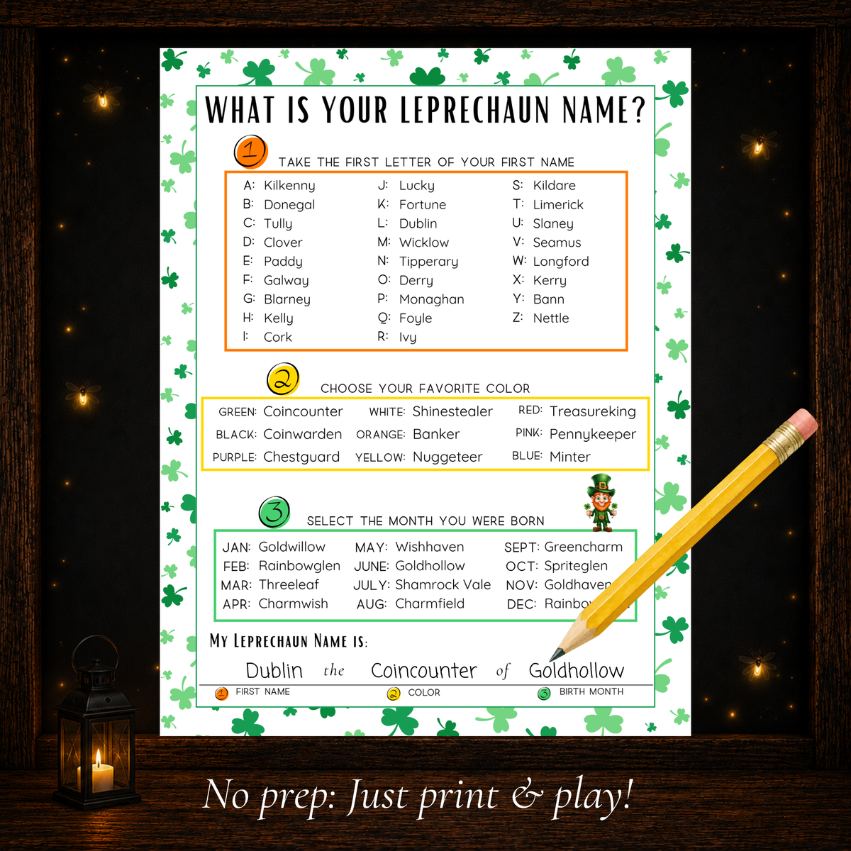 Printable leprechaun name generator with first-name letters, favorite colors, birth months, and a completed example.