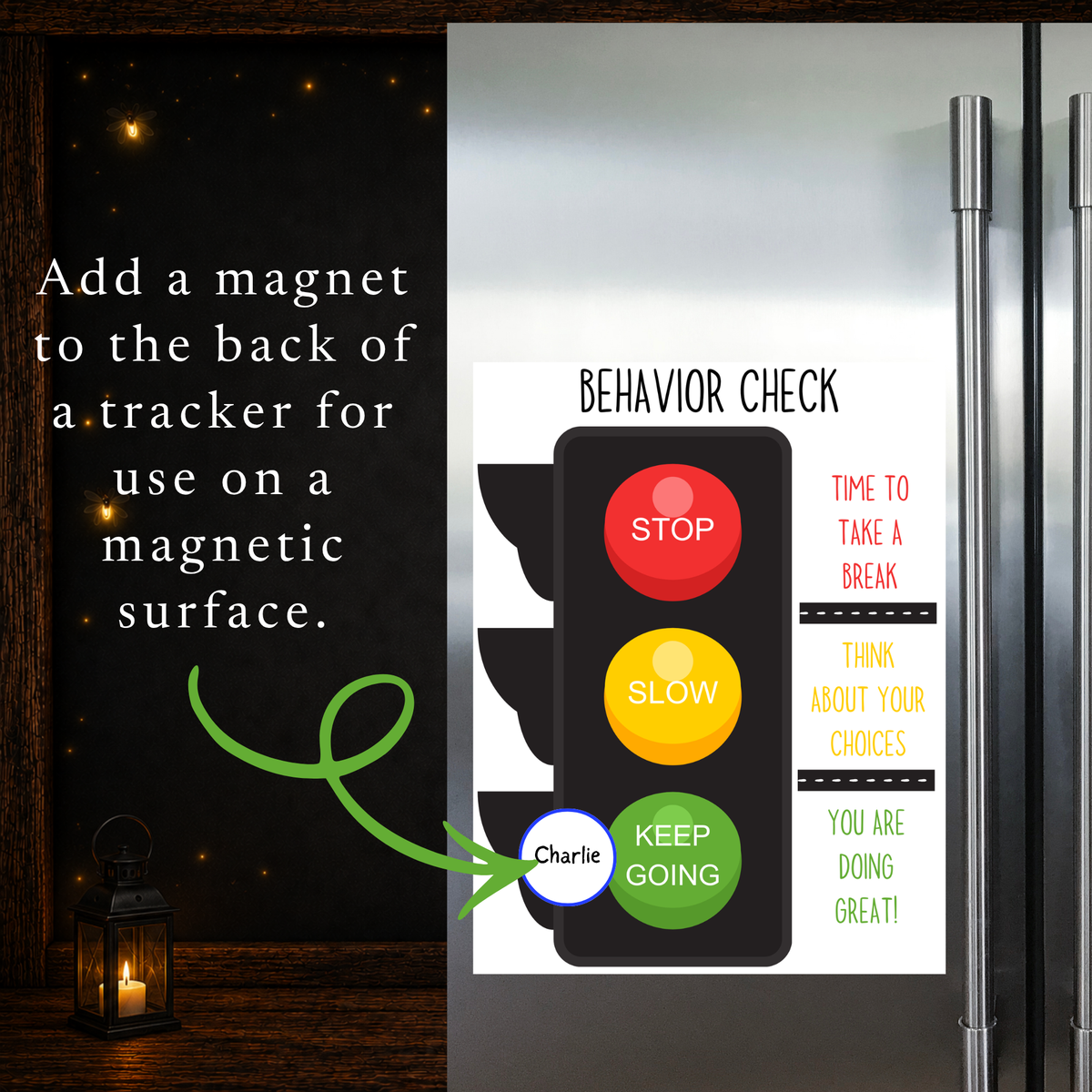 Behavior chart for kids displayed on magnetic surface with personalized magnetic tracker