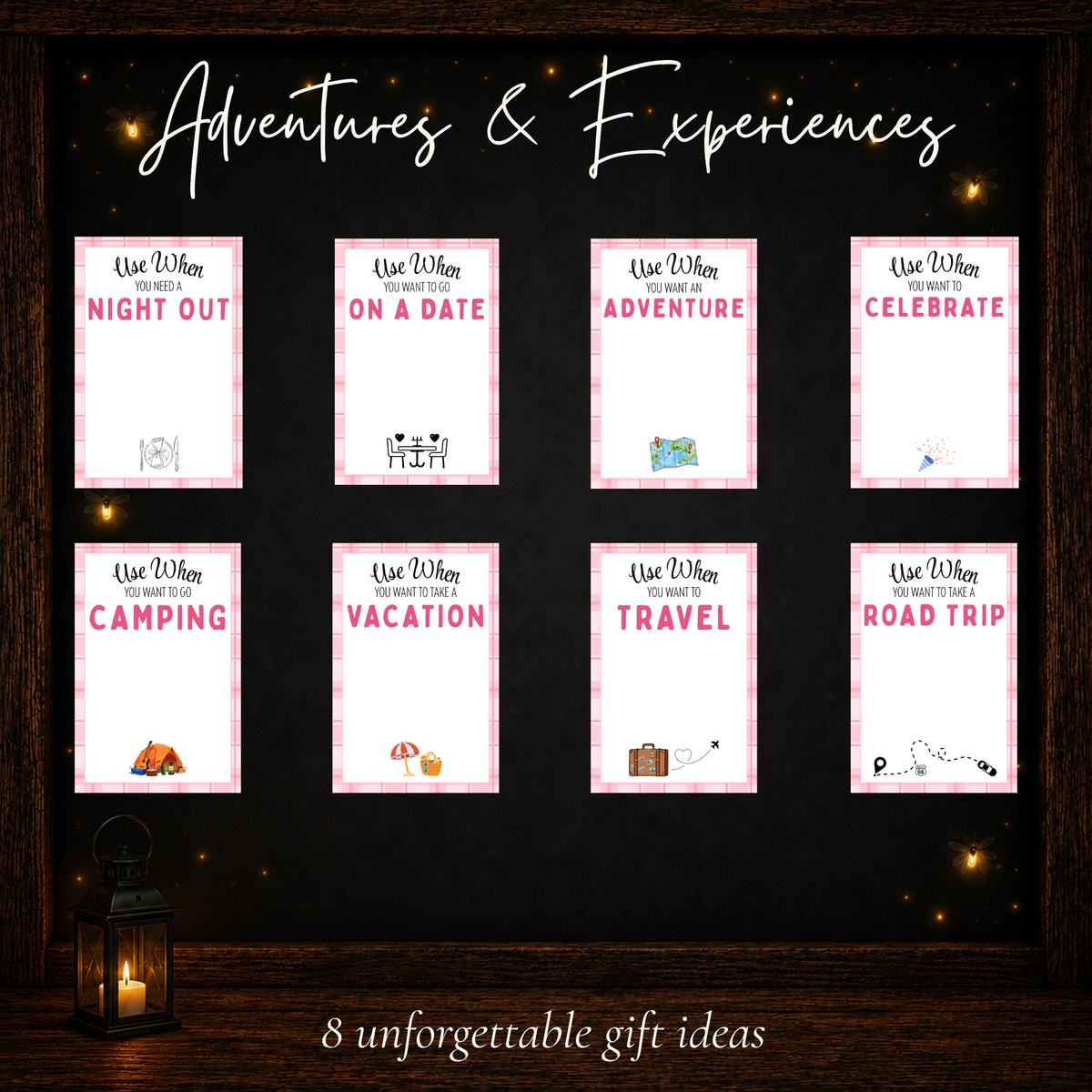 Adventures and experiences gift card designs featuring travel, outings, and memorable activities.