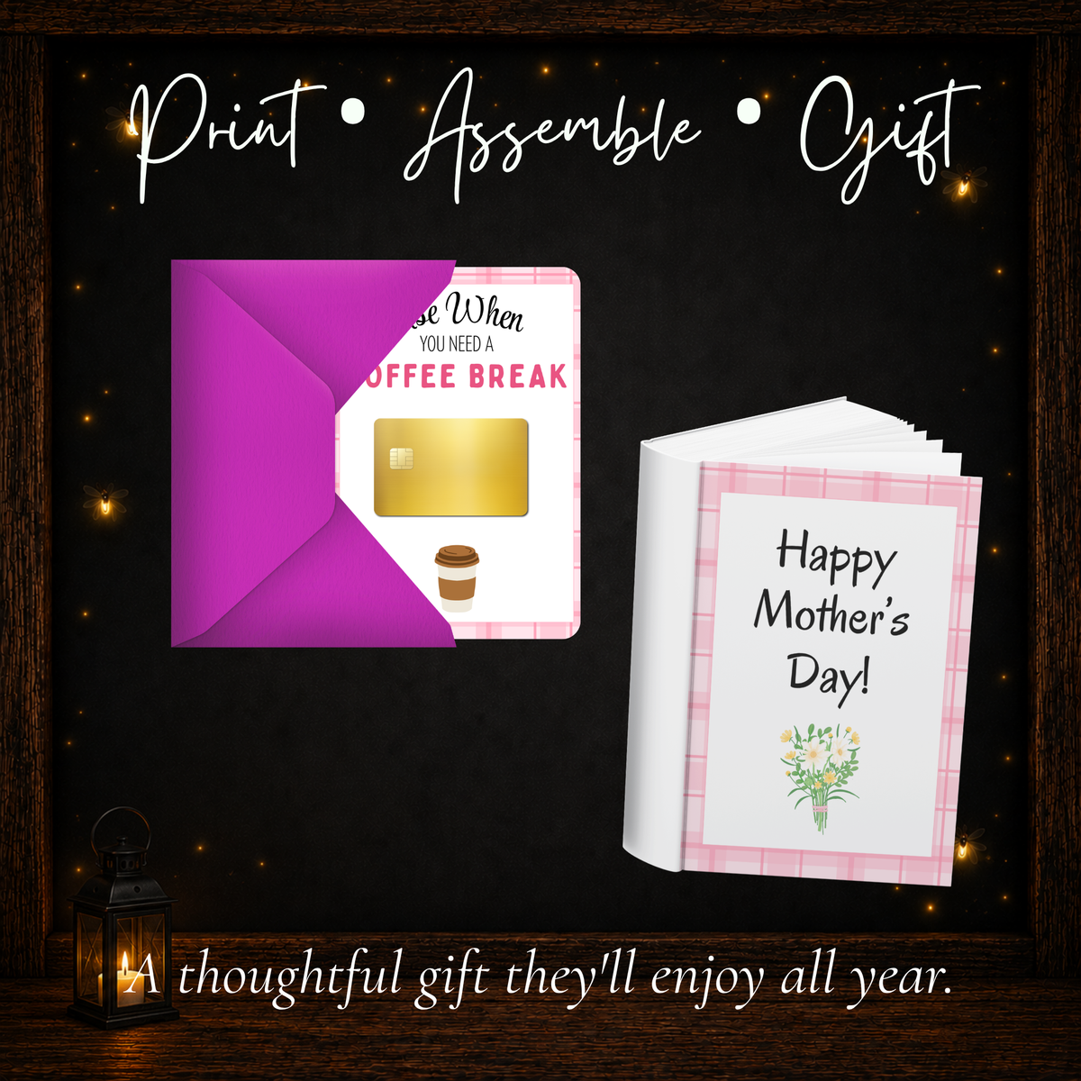 Finished Mother's Day printable gift card book example showing the assembled pages ready to give to Mom.