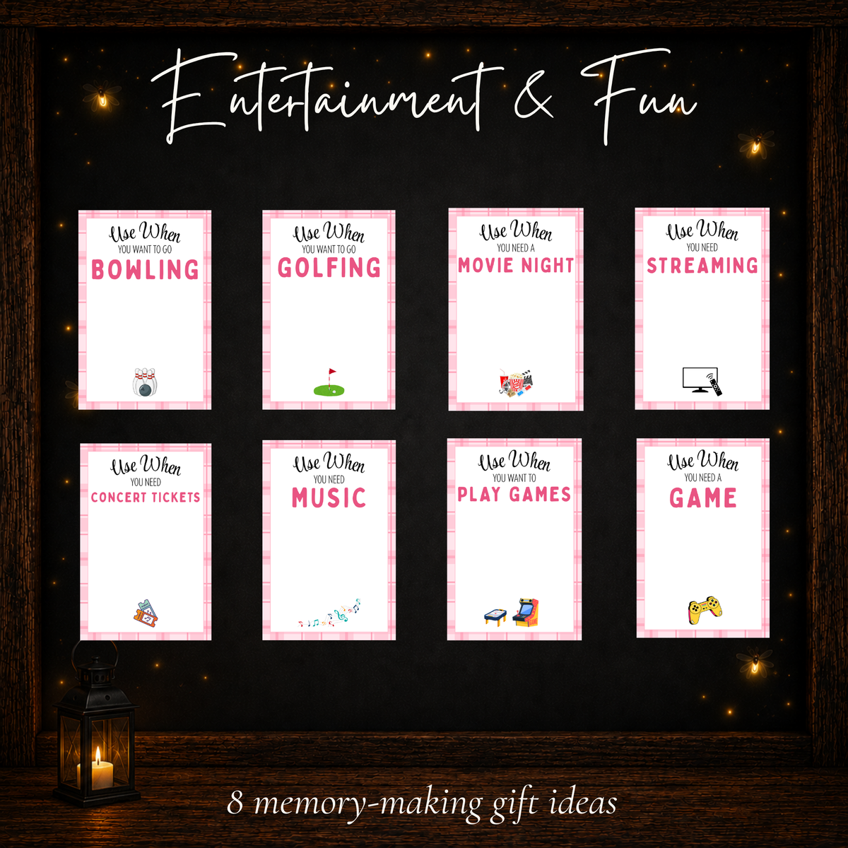 Entertainment and fun gift card designs featuring movies, concerts, games, and other activities.