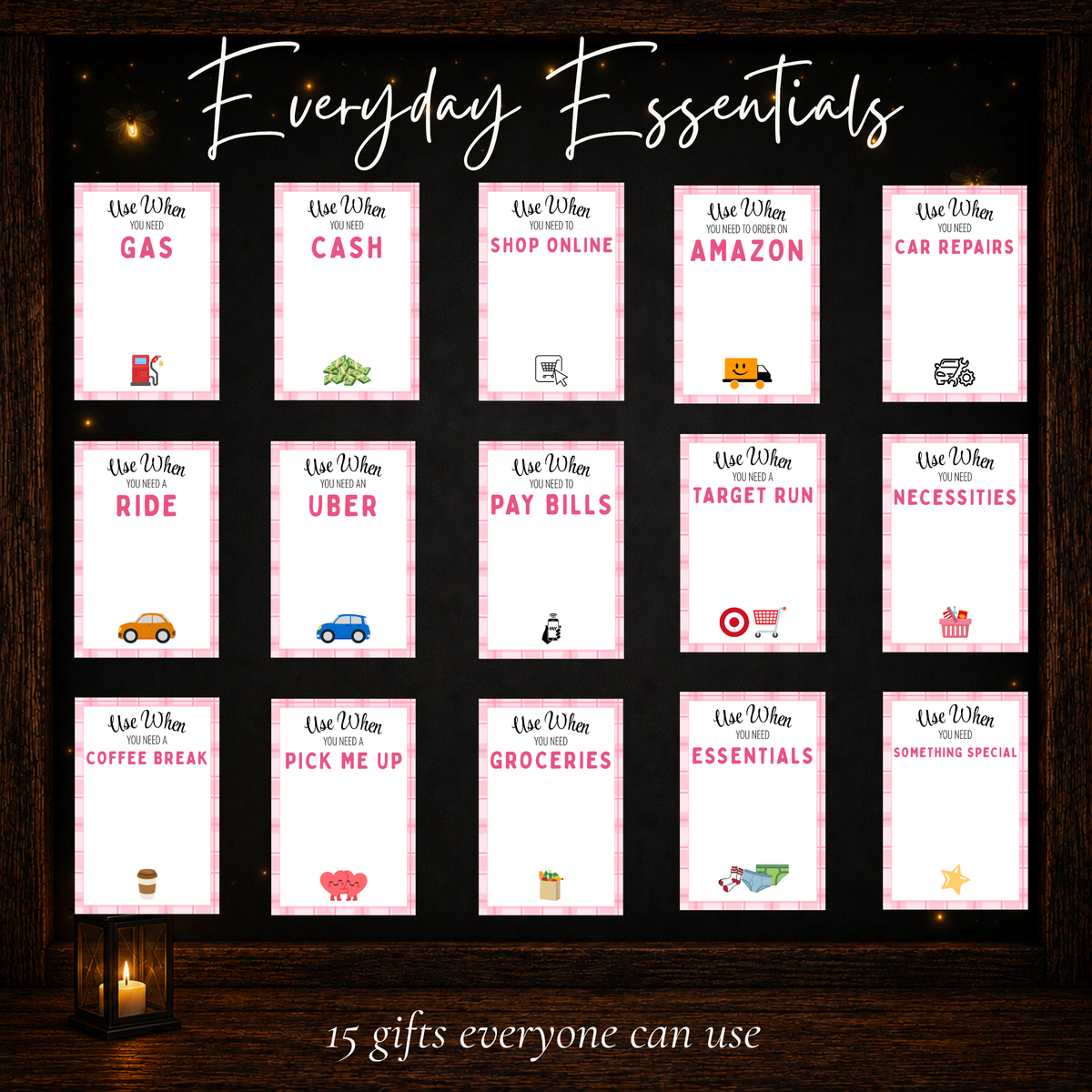 Everyday essentials gift card designs featuring practical ideas such as groceries, gas, and coffee.