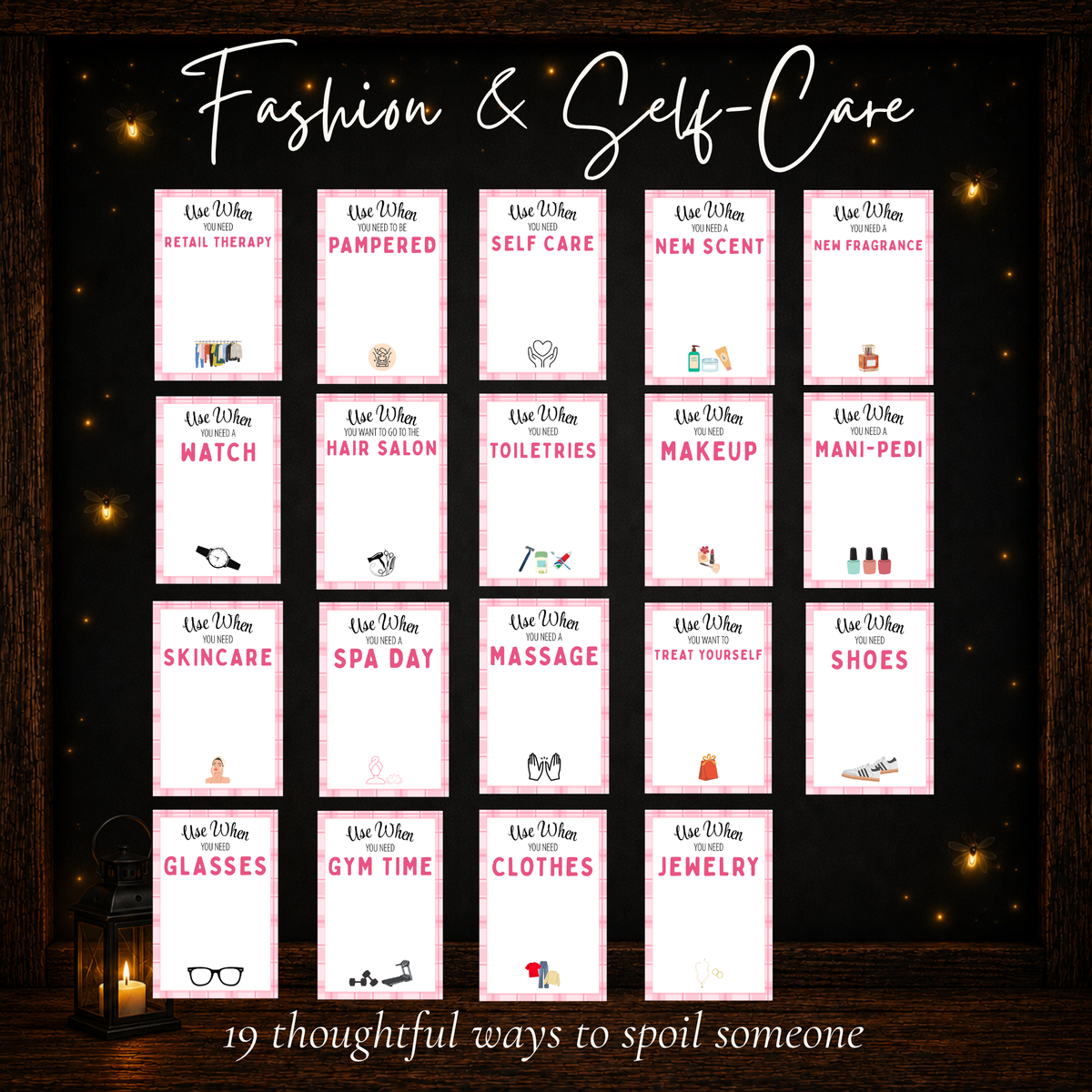 Fashion and self-care gift card designs featuring beauty, relaxation, spa, and personal care ideas for Mom.