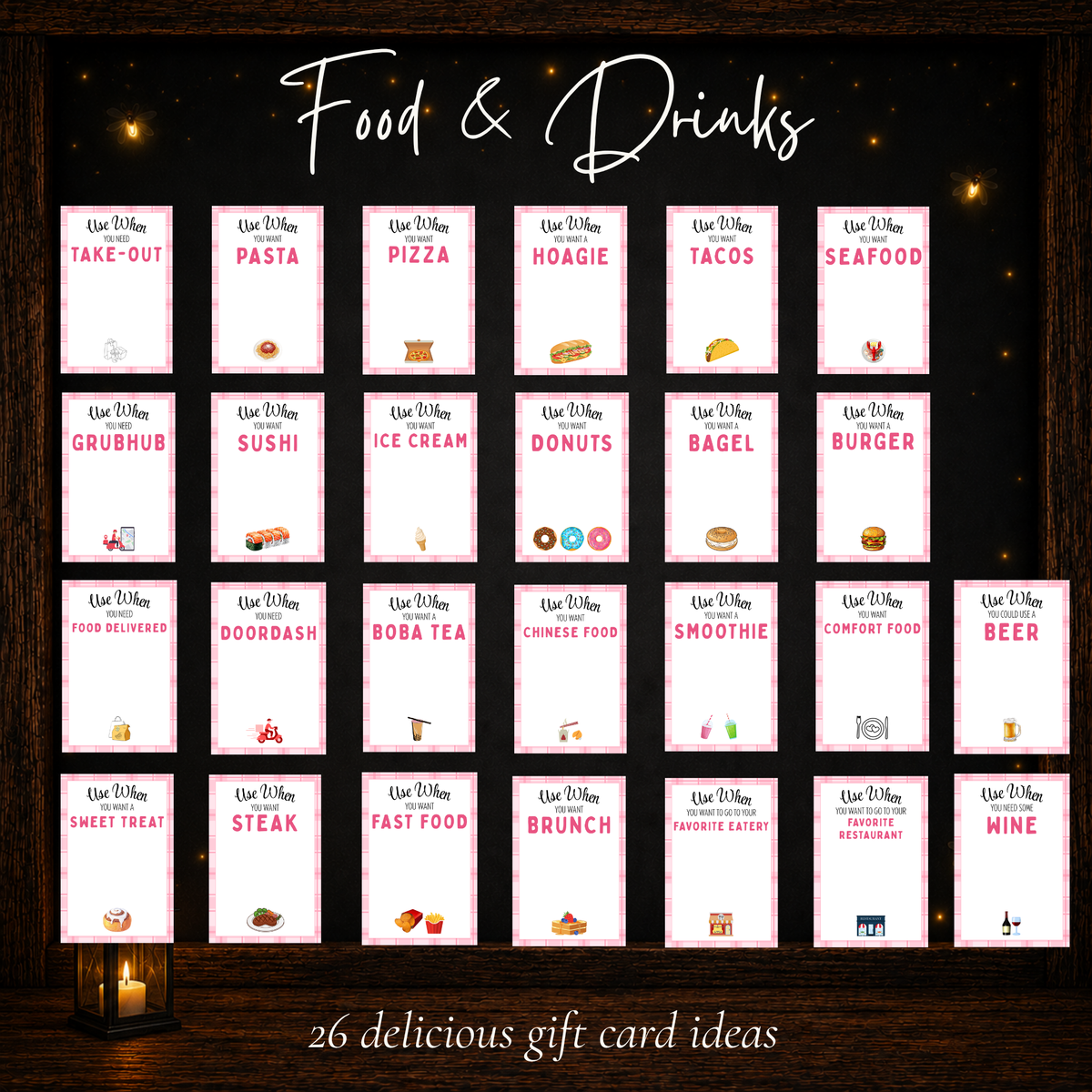 Food and drink gift card designs featuring restaurant meals, coffee, takeout, and favorite treats.