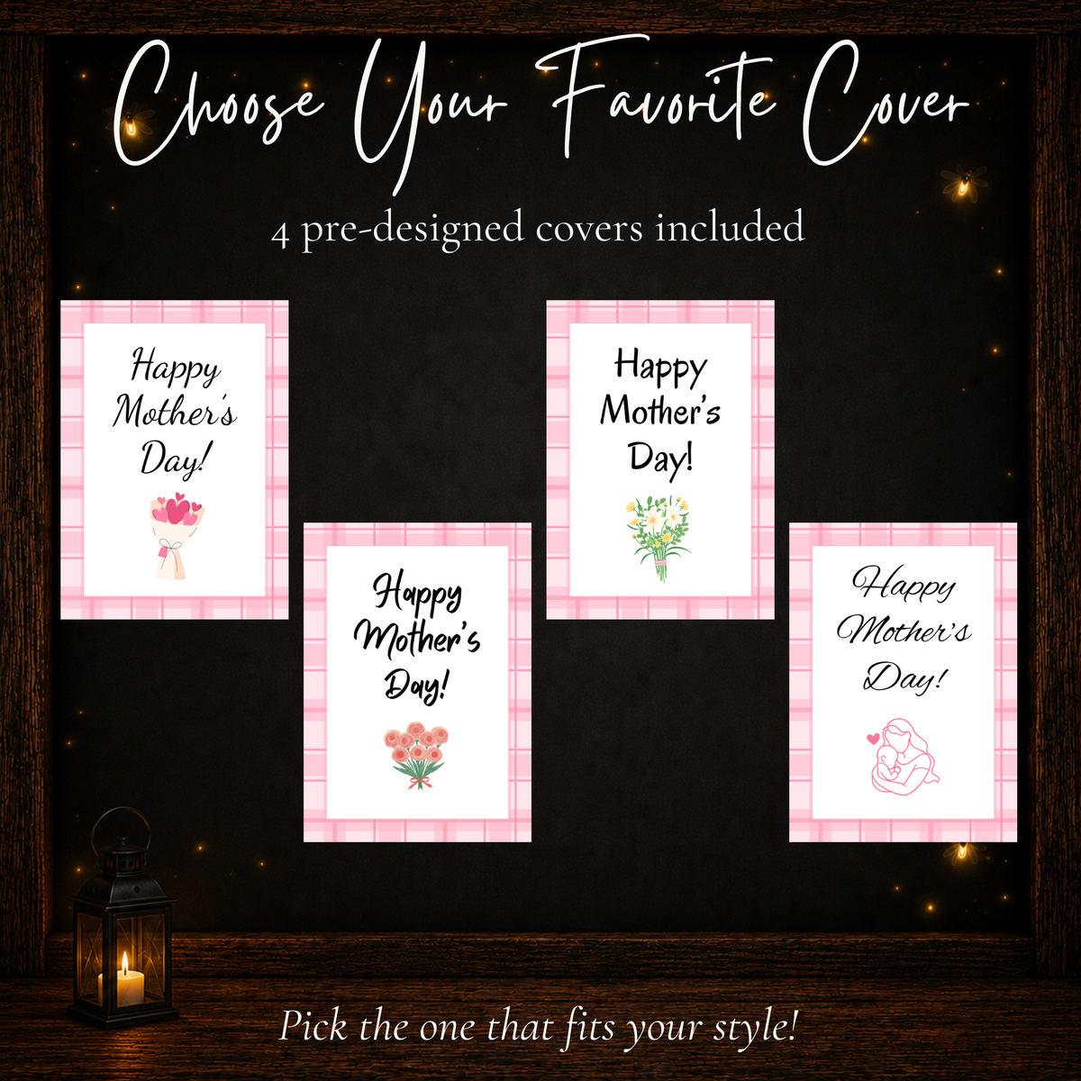 Four pink plaid Mother's Day gift card book cover designs with decorative lettering.
