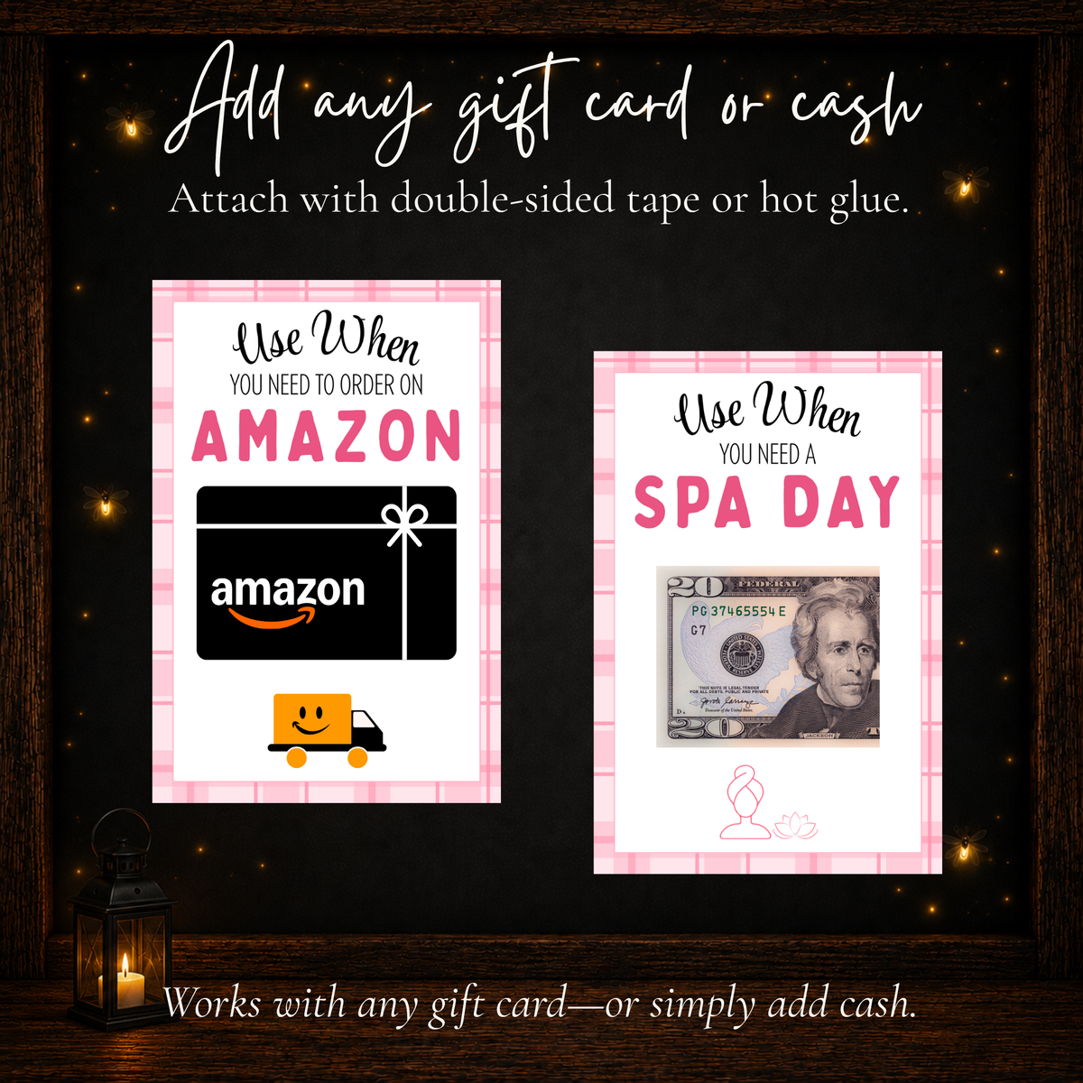 Printable gift card book page showing how gift cards or cash can be attached to create a Mother's Day present.
