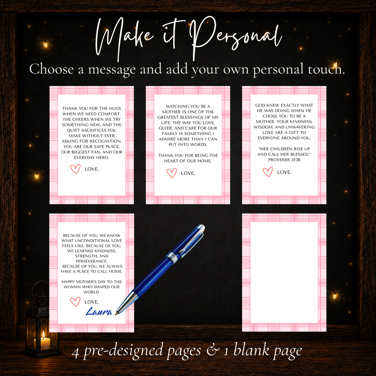 Mother's Day gift card book message options with four heartfelt messages and a blank page for personal writing.