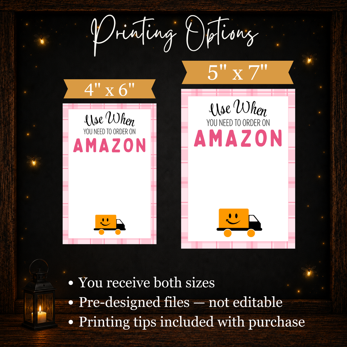 Mother's Day gift card book printing information showing the two available sizes, 4 by 6 and 5 by 7 inches.