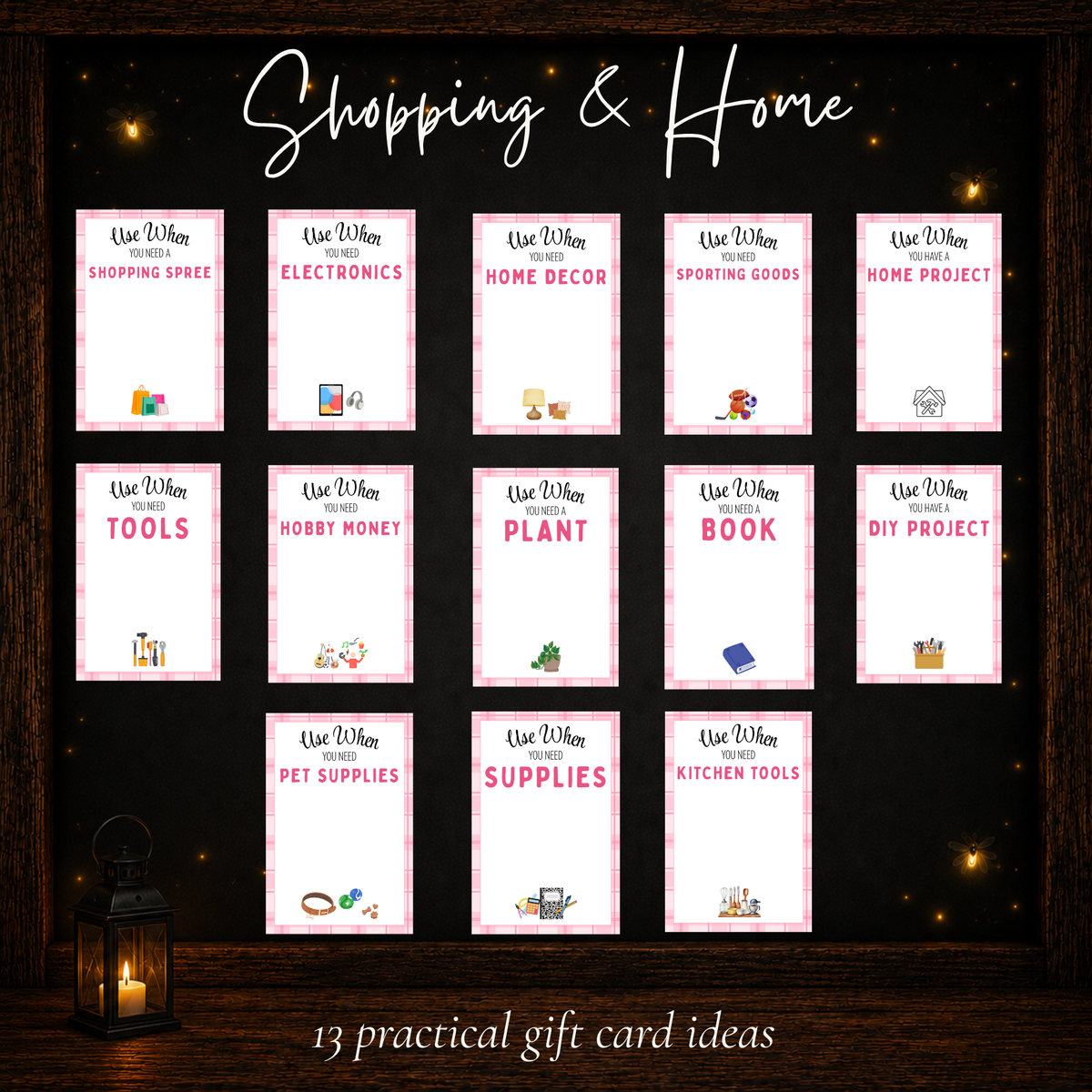 Shopping and home gift card designs featuring stores, books, home decor, and hobby-related gifts.