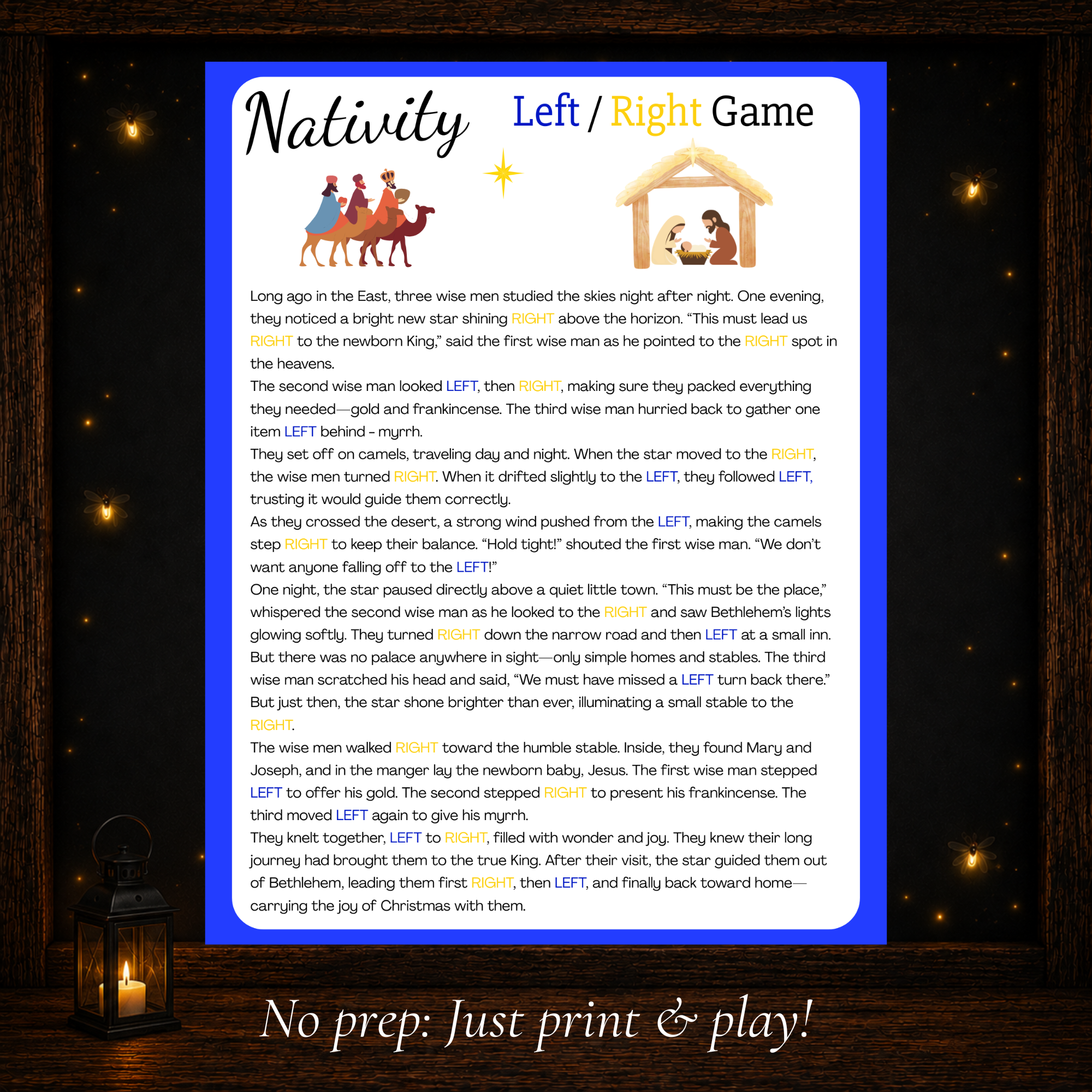 Printable Nativity Left Right Christmas story game featuring the wise men journey to Bethlehem