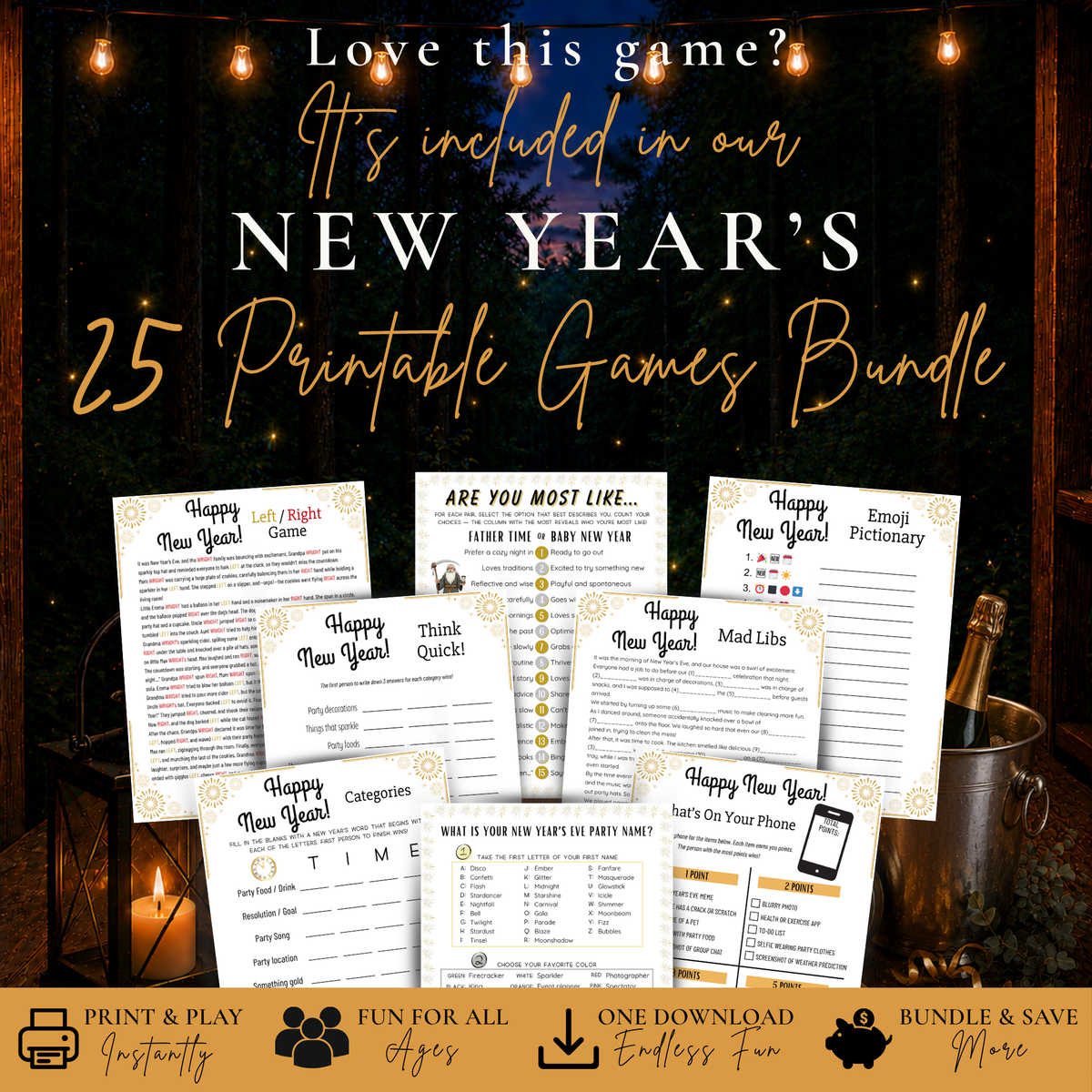 New Year’s Eve Party Name game included in a 25 printable New Year’s party games bundle for families and groups