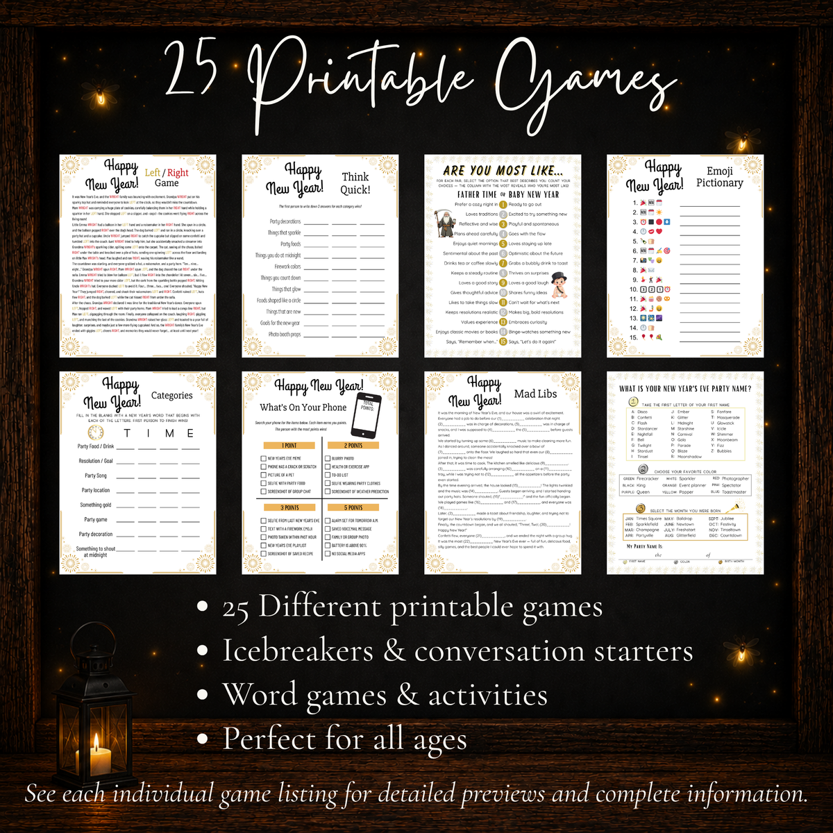 25 printable New Year’s games with icebreakers, conversation starters, word games, group games and activities for all ages