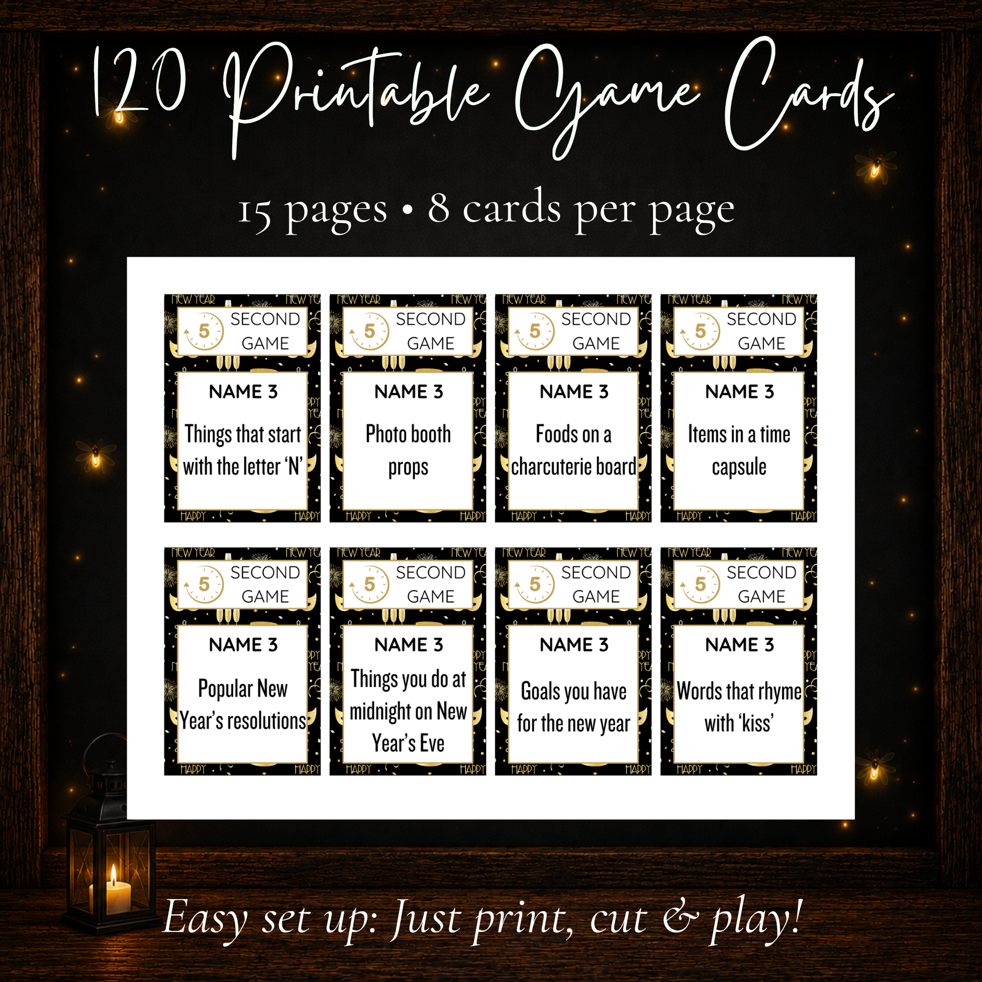 120 printable New Year’s 5 Second Game cards with 15 pages and 8 cards per page