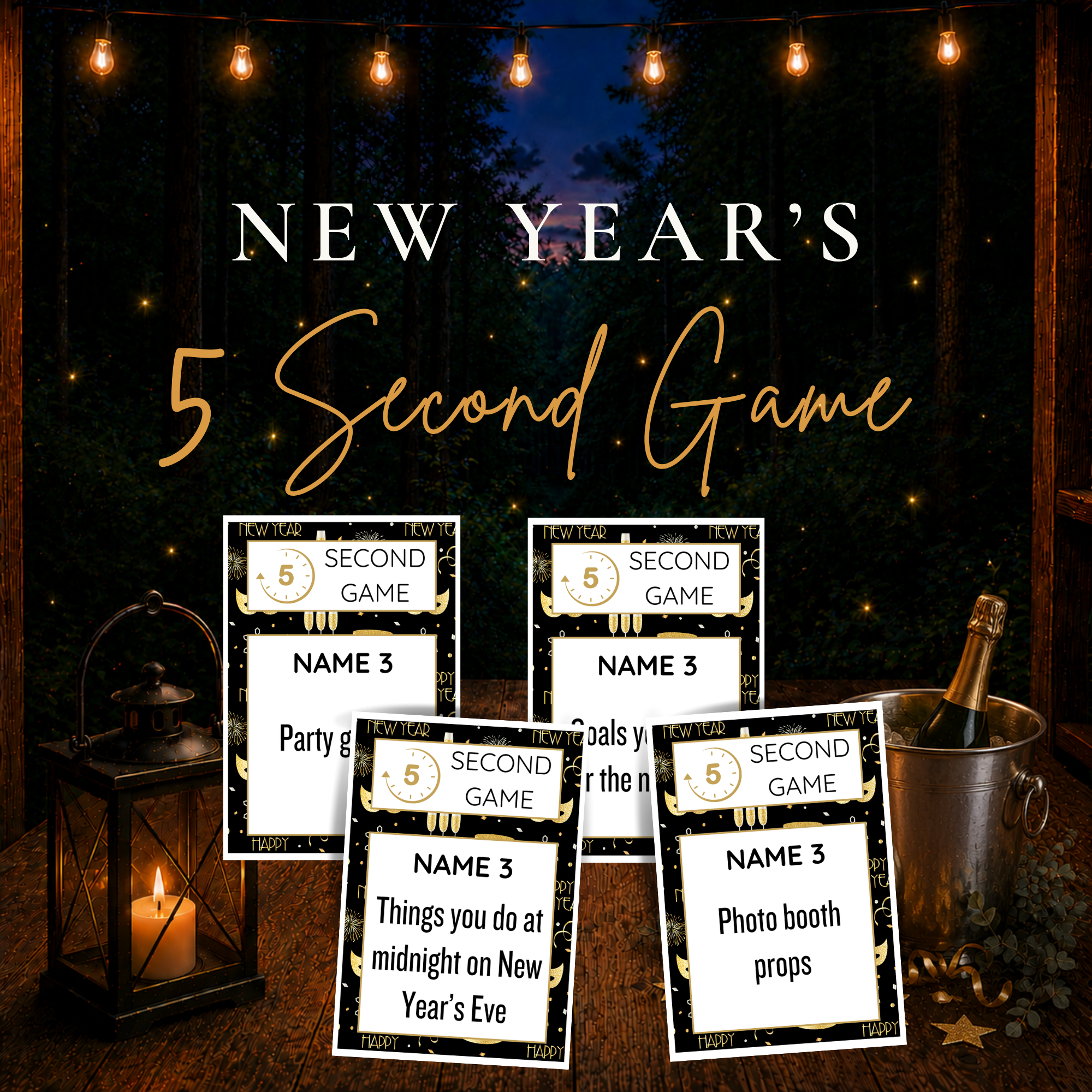 New Year’s 5 Second Game printable party game with 120 Name 3 challenge cards for New Year’s Eve