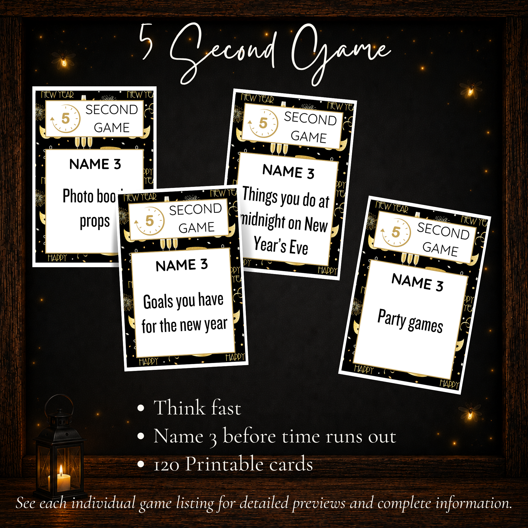 New Year’s 5 Second Game with 120 printable Name 3 challenge cards for fast-paced New Year’s Eve party fun