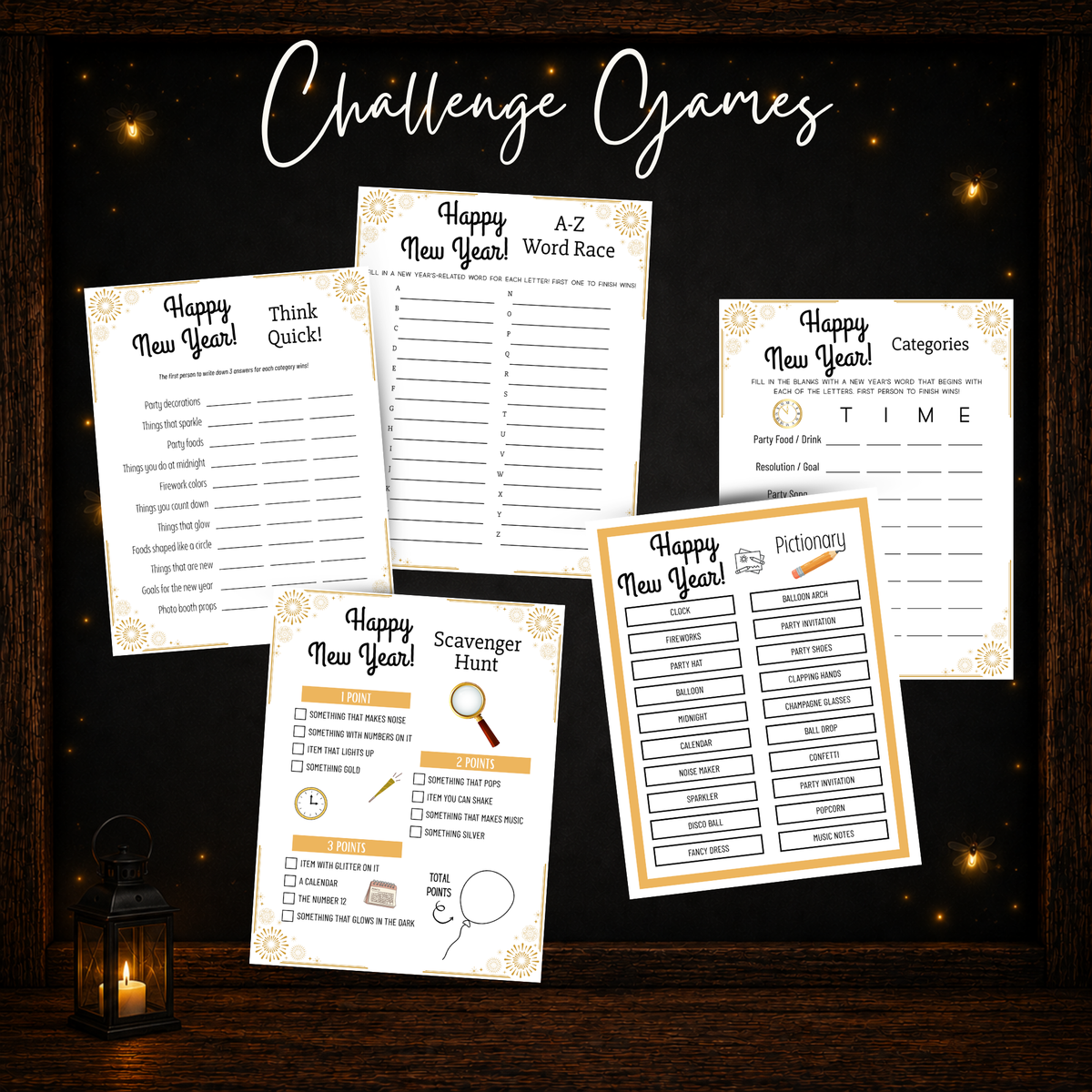 New Year’s printable challenge games including Think Quick A-Z Word Race Categories Pictionary and Scavenger Hunt