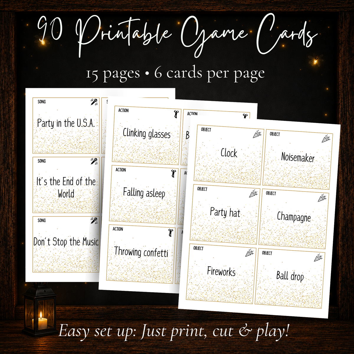 New Year’s Charades game with 90 printable cards on 15 pages with six cards per page