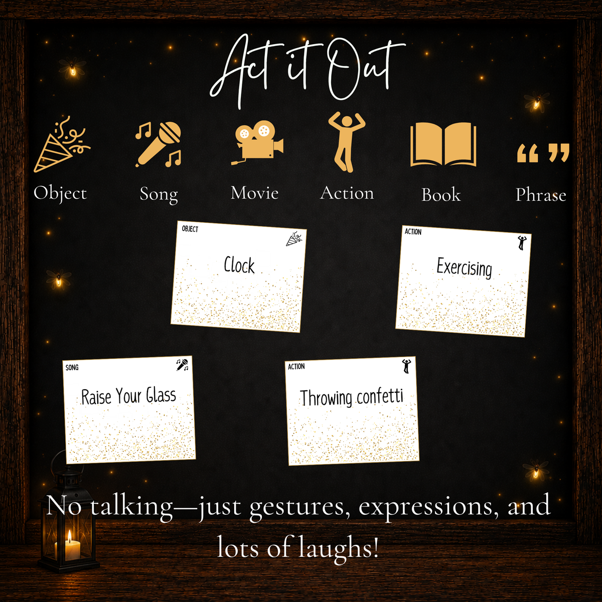 New Year’s Charades cards with object, song, movie, action, book and phrase categories