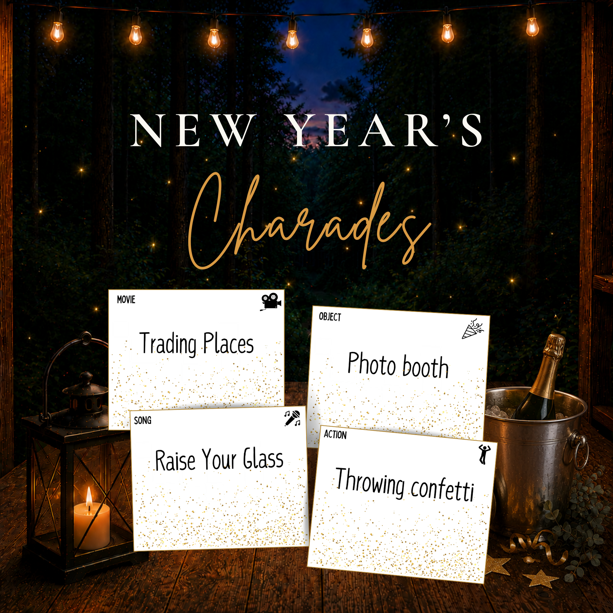 New Year’s Charades printable party game with New Year’s Eve themed cards for family, kids, teens and adults