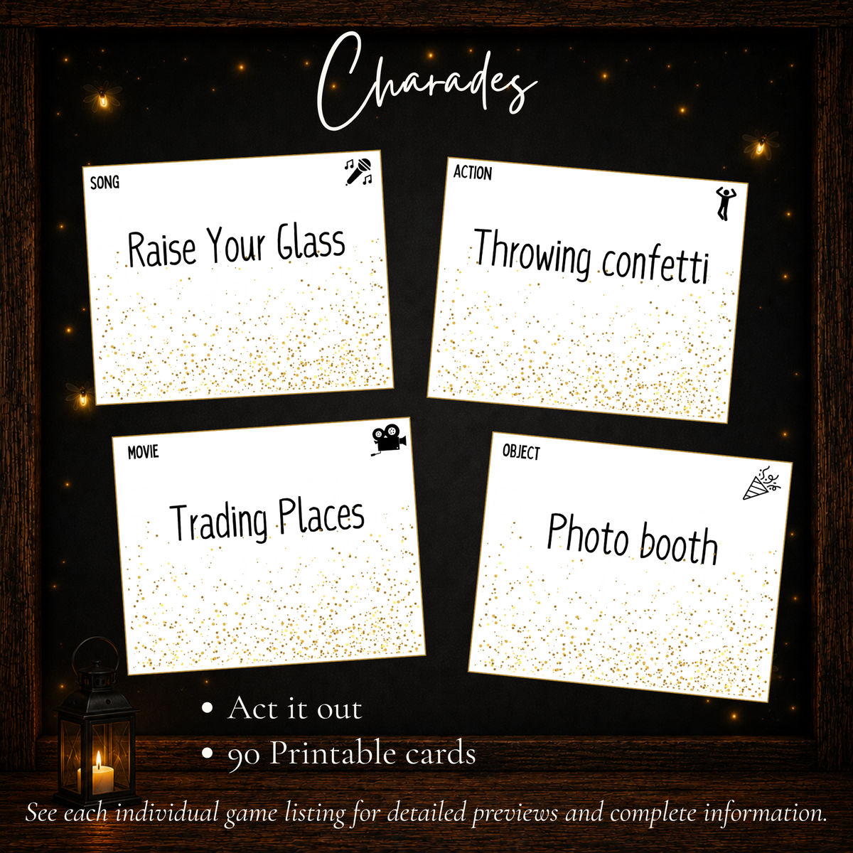 New Year’s Charades game with 90 printable cards featuring New Year’s themed songs, actions, movies and objects
