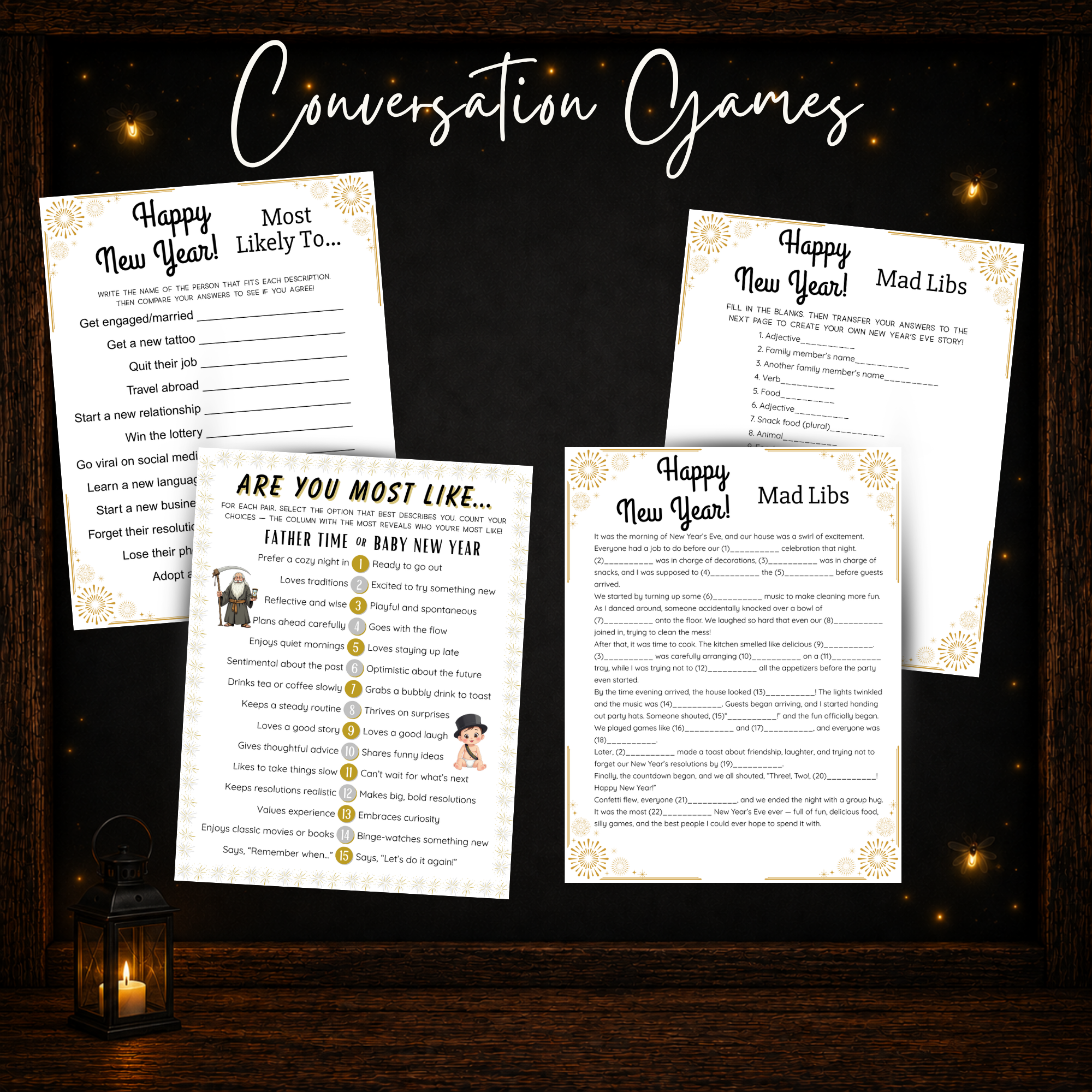 New Year’s printable conversation games including Most Likely To Are You Most Like and Mad Libs