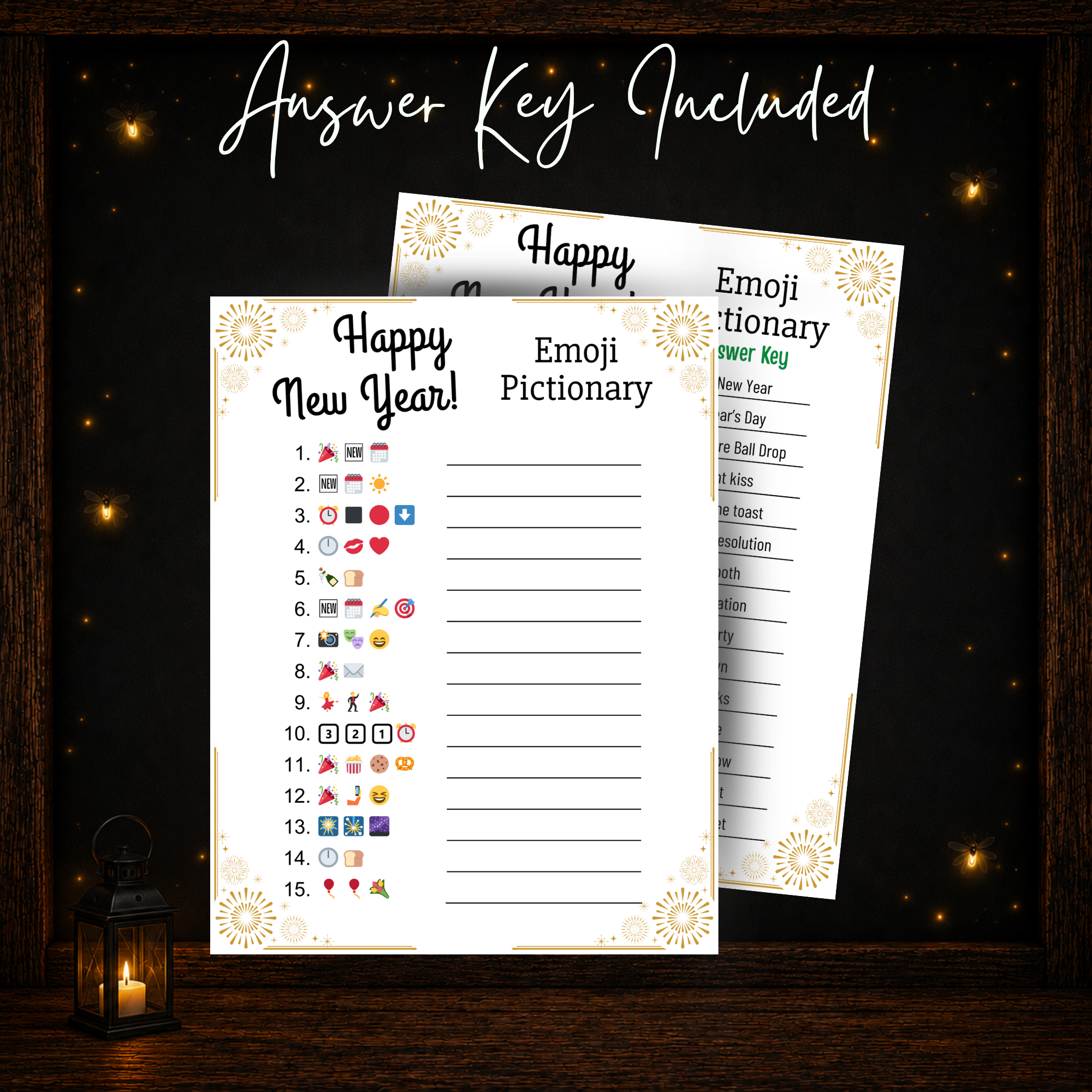 New Year’s Emoji Pictionary printable game and included answer key with 15 New Year’s themed puzzles