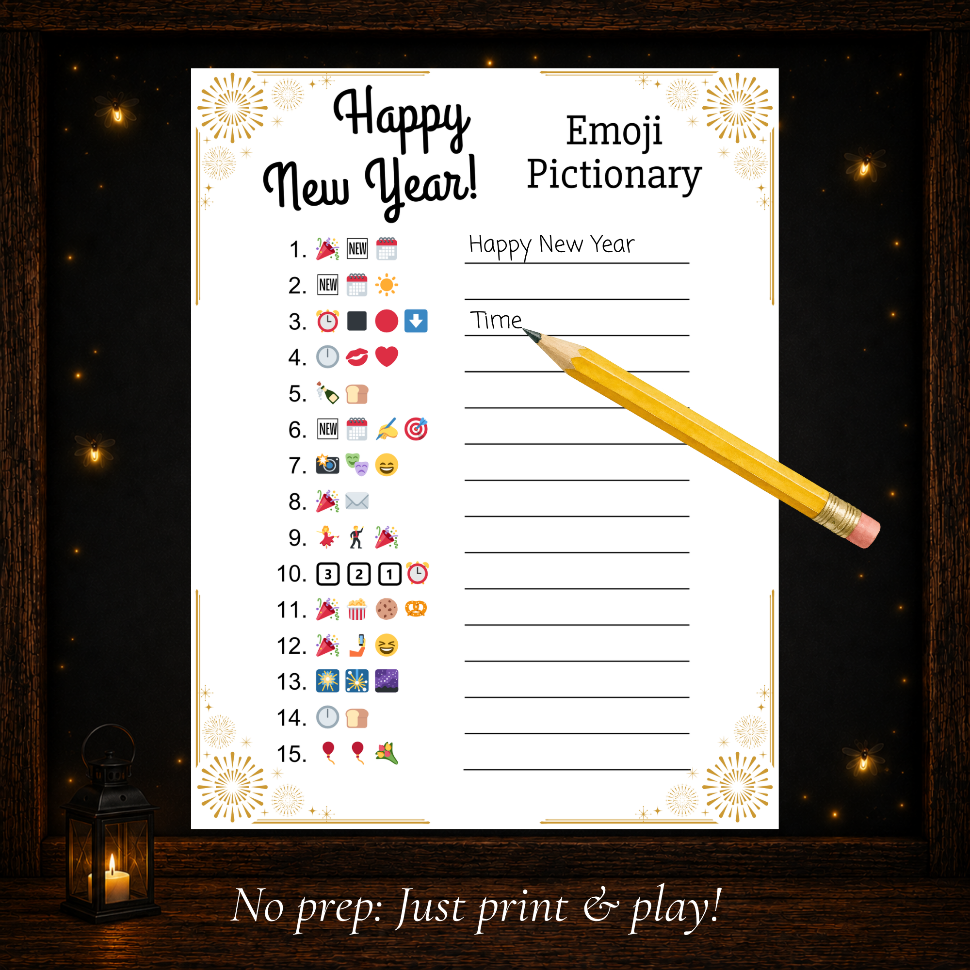 Printable New Year’s Emoji Pictionary game sheet with emoji clues for a fun New Year’s Eve party activity
