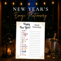 New Year’s Emoji Pictionary printable party game with 15 festive emoji puzzles for New Year’s Eve