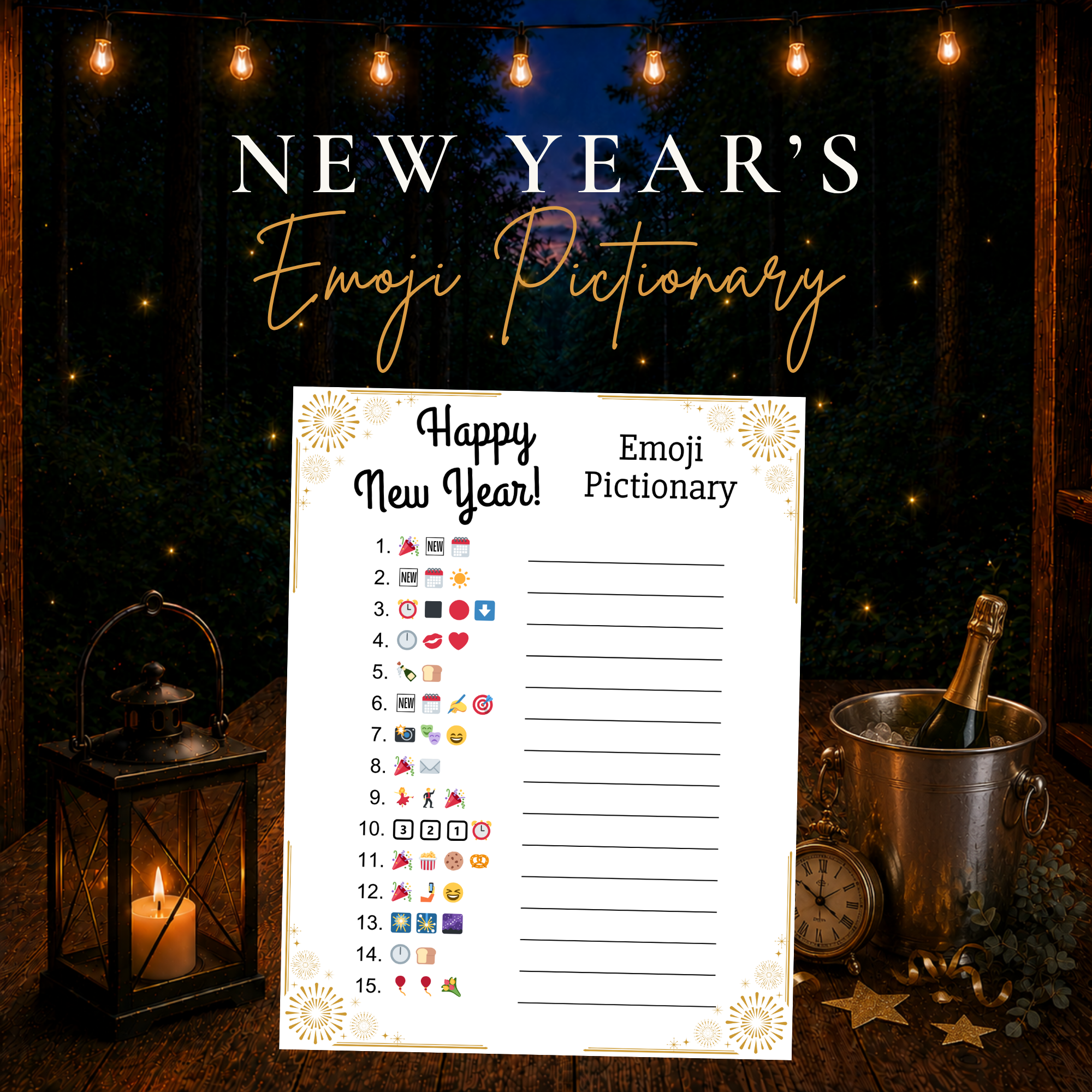 New Year’s Emoji Pictionary printable party game with 15 festive emoji puzzles for New Year’s Eve