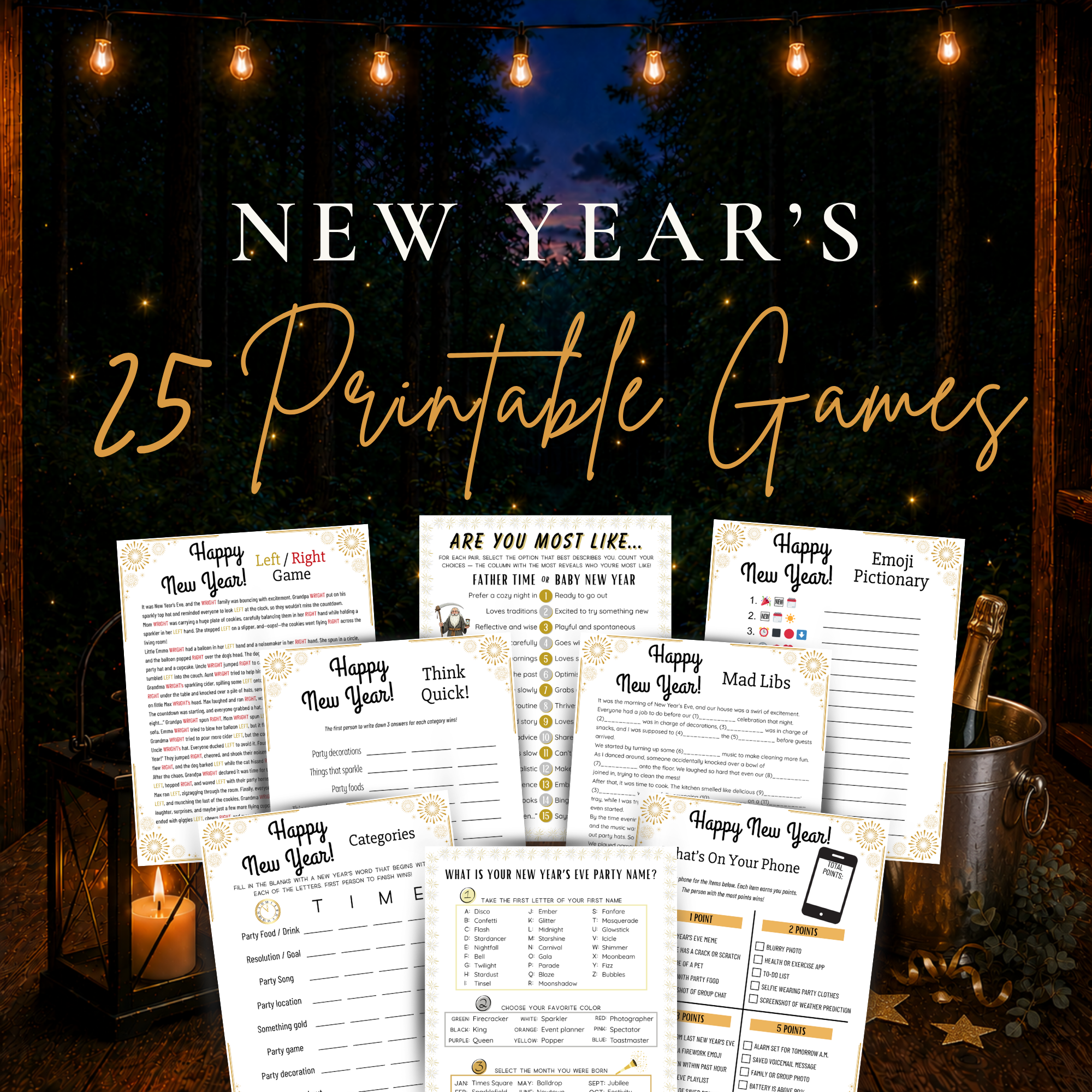 New Year’s Eve 25 printable games bundle with family party games and activities for kids teens and adults