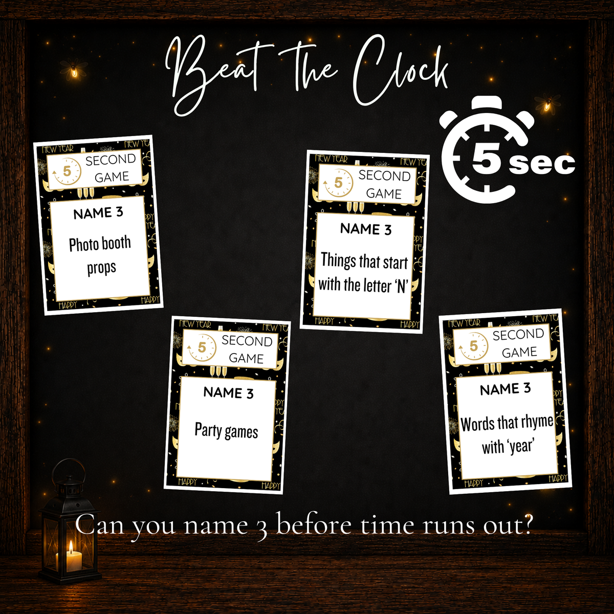 New Year’s Eve 5 Second Game cards with Name 3 prompts for a fast-paced party game