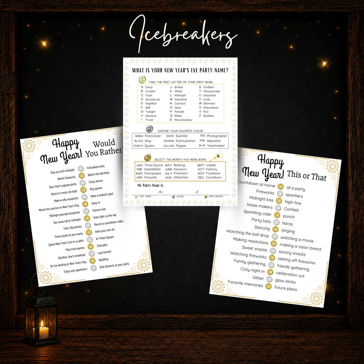 New Year’s Eve printable icebreaker games including Would You Rather This or That and New Year’s Eve Party Name