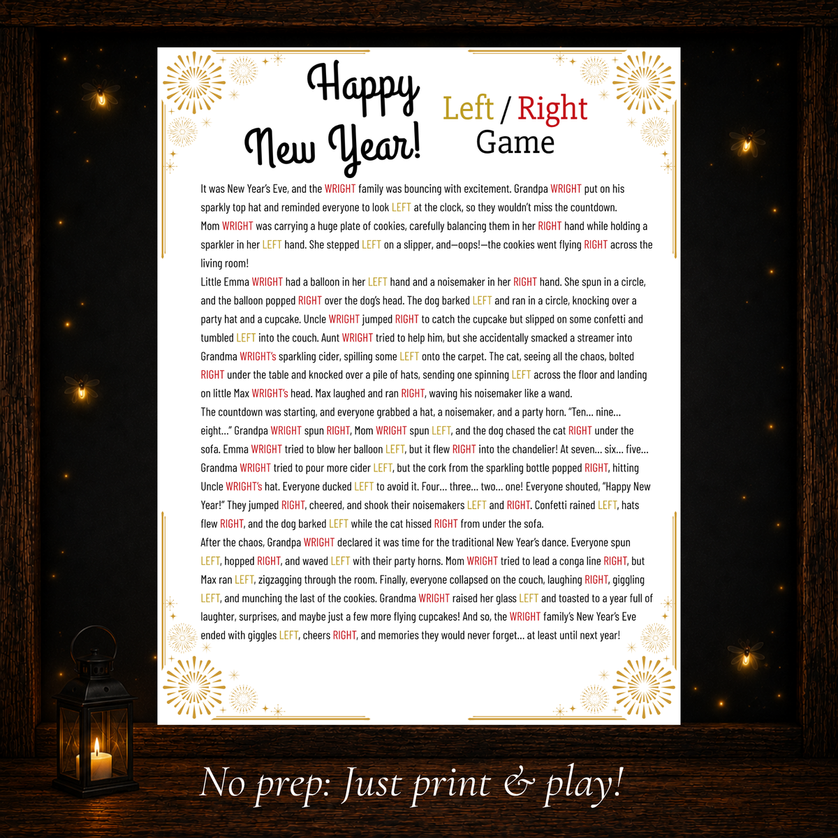 Printable New Year’s Eve Left Right party game with festive story for an easy group activity