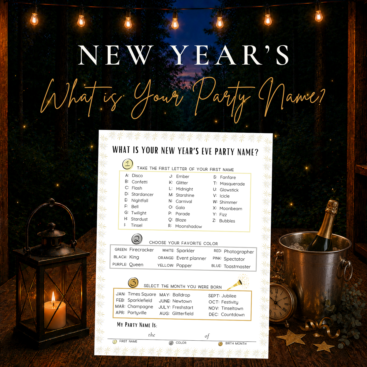 New Year’s Eve Party Name printable game for a fun New Years party activity for families, kids, teens and adults