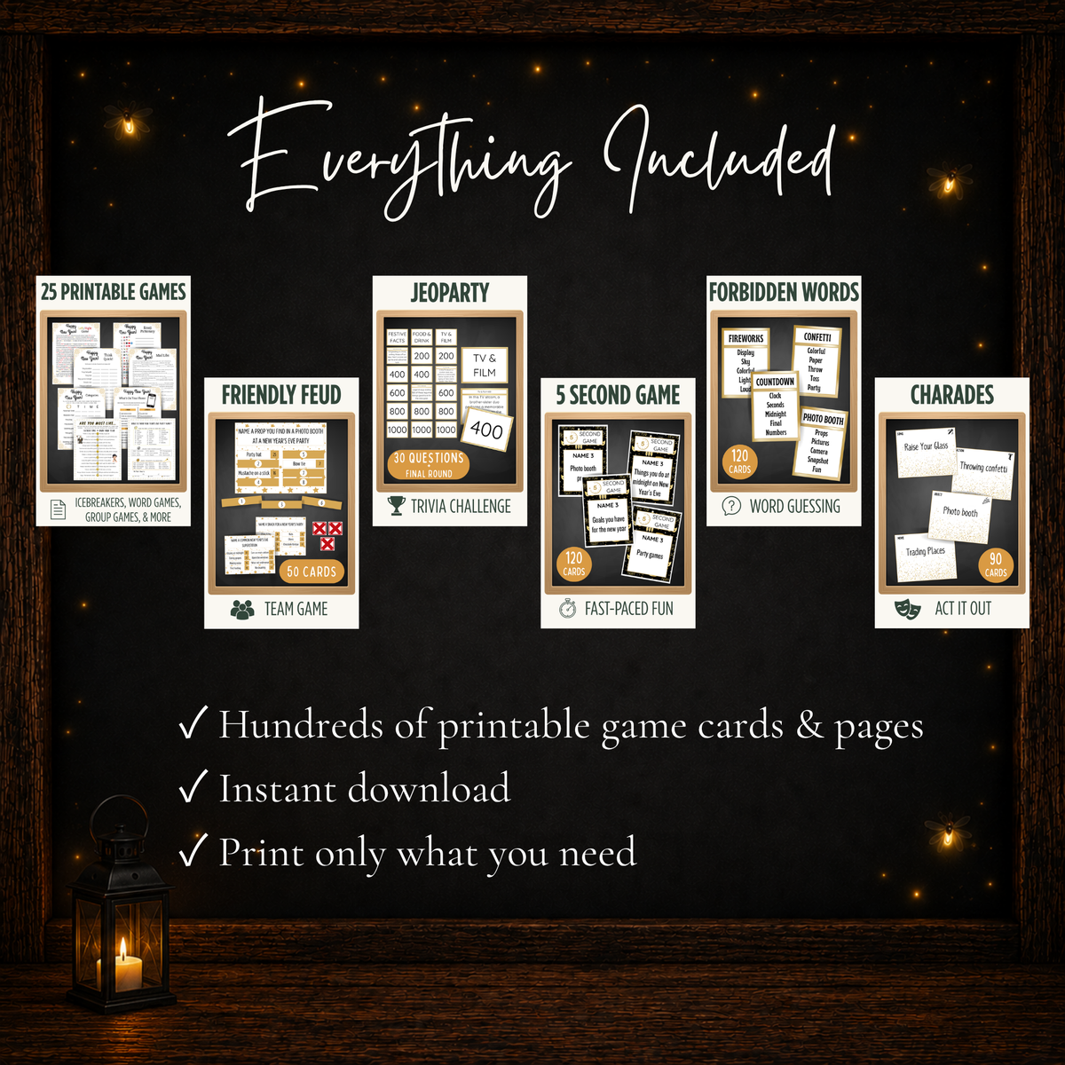 New Year’s Eve printable game collection with hundreds of game cards and pages available as an instant digital download