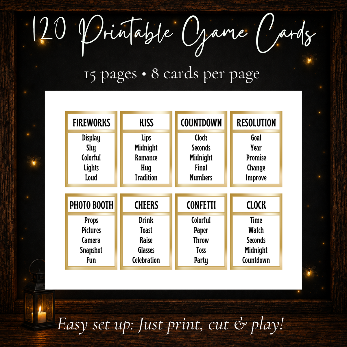 New Year’s Forbidden Words game with 120 printable cards across 15 pages with 8 cards per page
