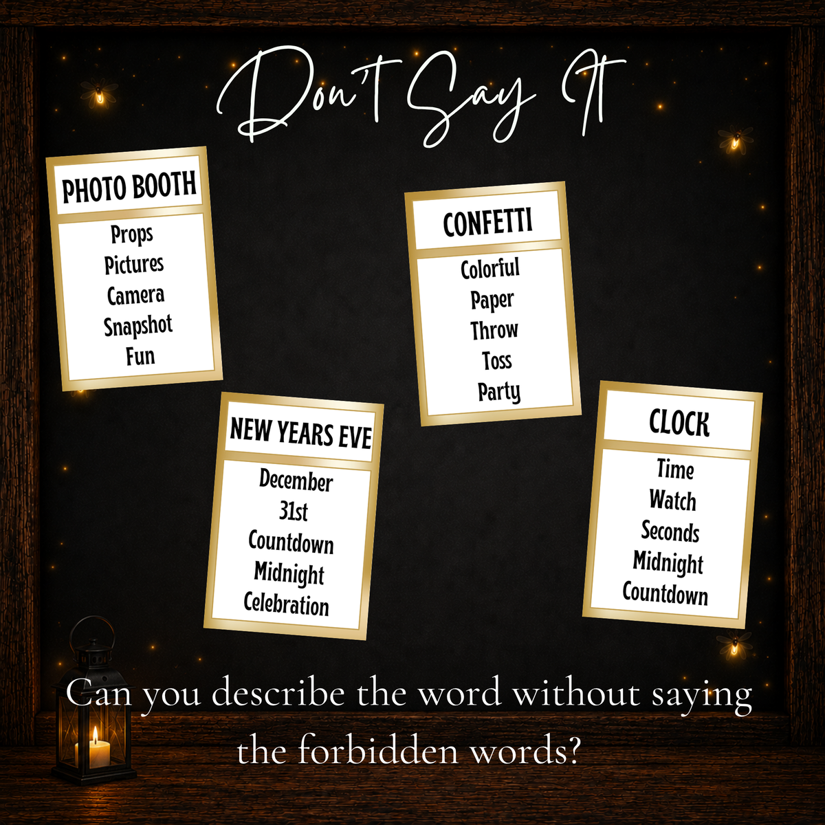 New Year’s Forbidden Words printable card examples featuring Photo Booth, Confetti, New Years Eve and Clock