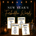 New Year’s Forbidden Words printable party game with New Year’s Eve themed word guessing cards