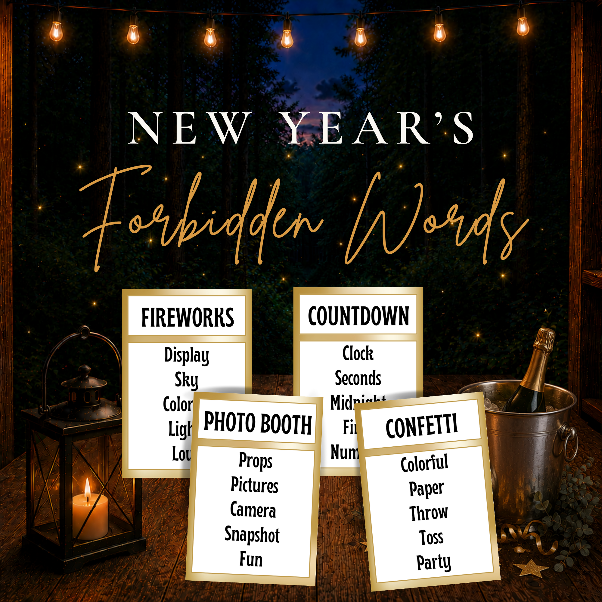 New Year’s Forbidden Words printable party game with New Year’s Eve themed word guessing cards