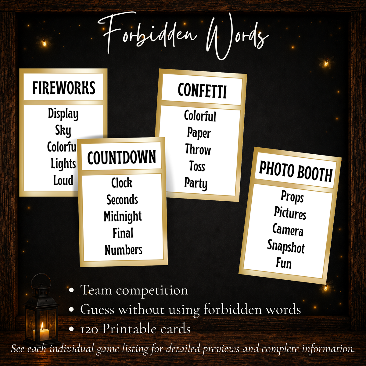 New Year’s Forbidden Words team guessing game with 120 printable cards for New Year’s Eve parties and family game nights