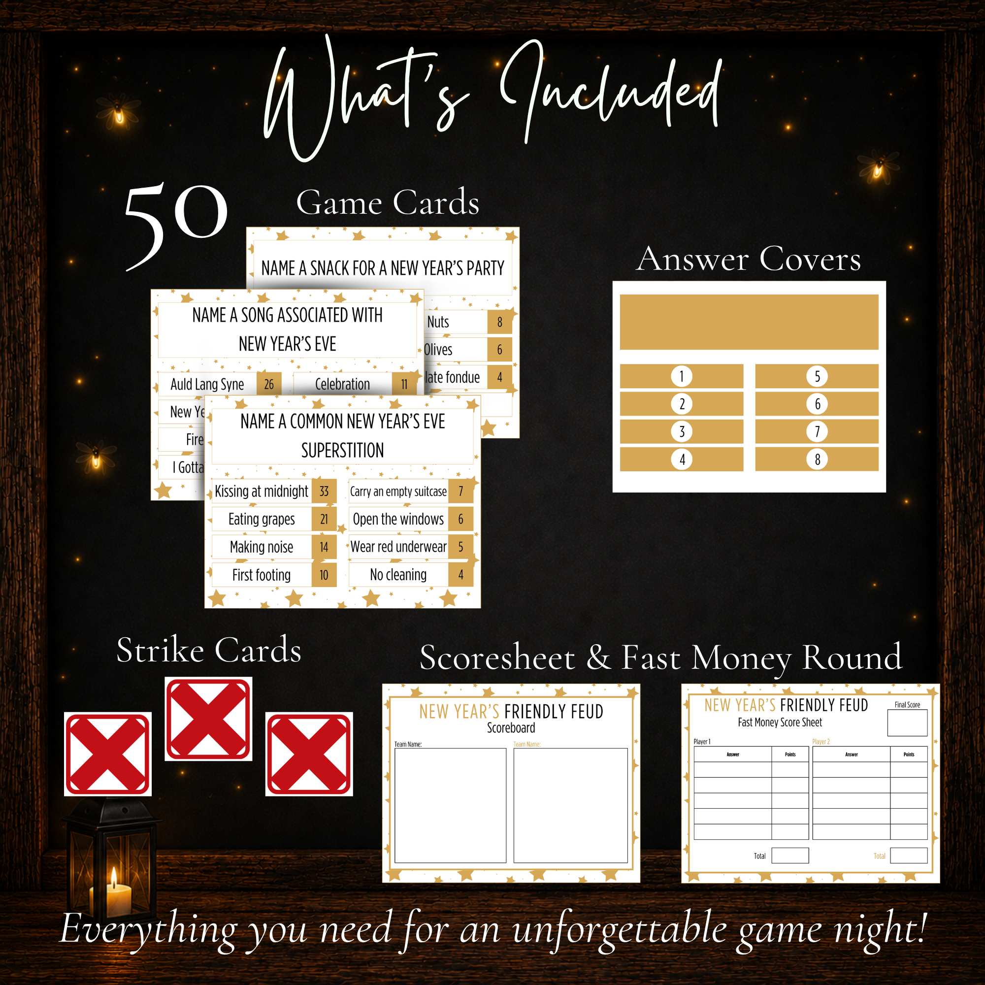 New Year’s Friendly Feud printable game with 50 game cards, answer covers, strike cards and score sheets