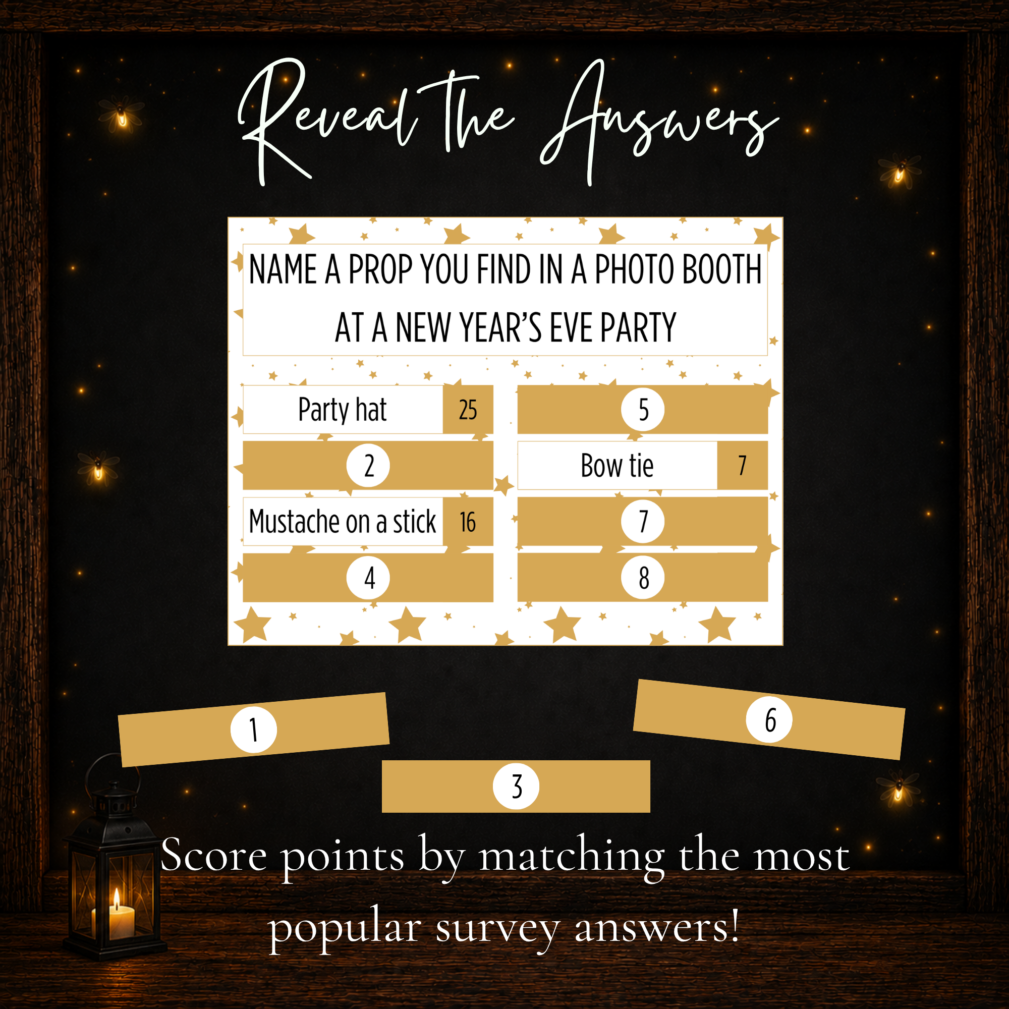 New Year’s Friendly Feud printable survey game showing numbered answer covers used to reveal answers